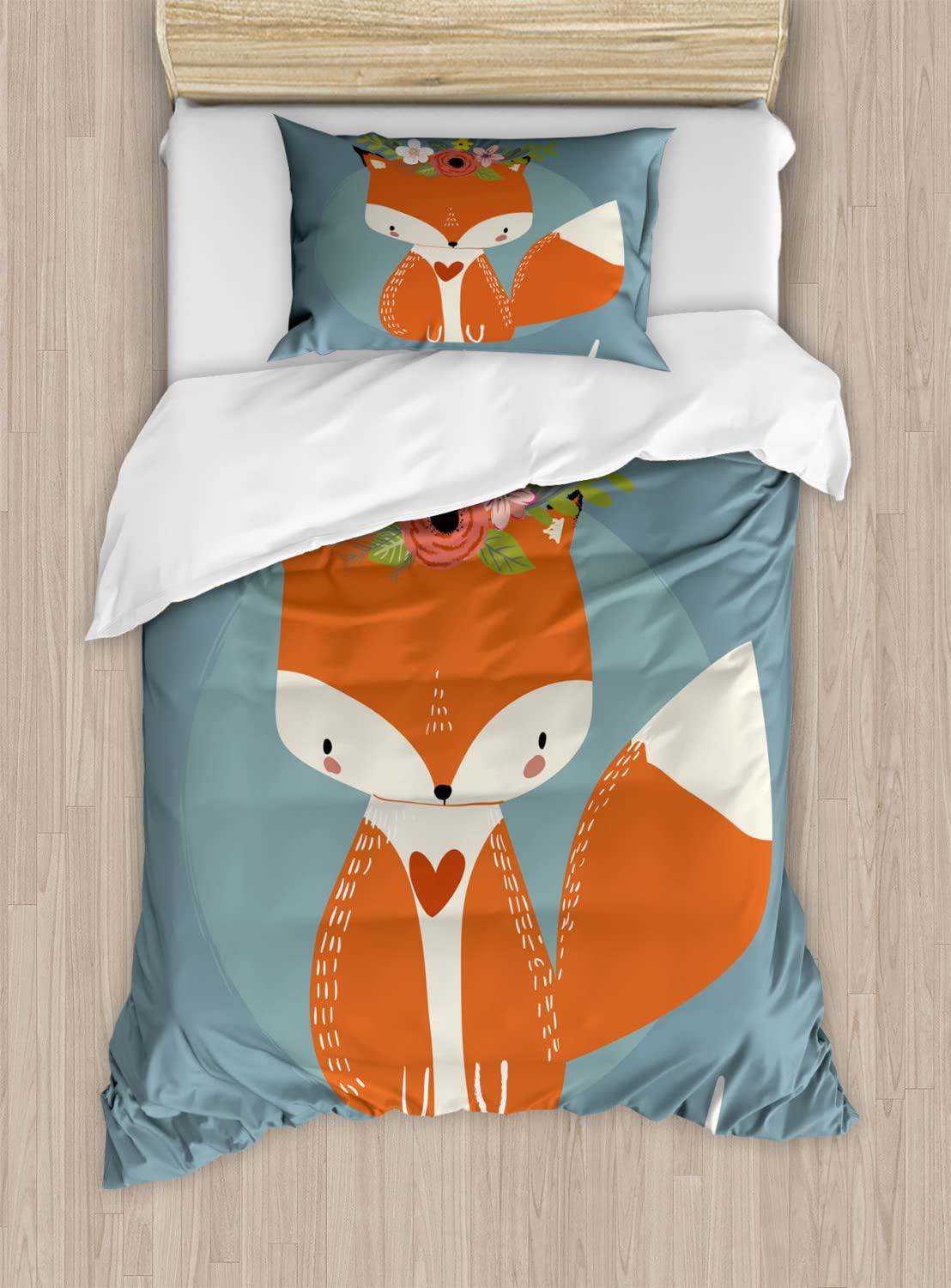 Ambesonne Summer Fox & Flowers Duvet Cover Set - 2 Pack King Size Blue Grey Bedding with 2 Duvet Covers & 4 Pillowcases - Perfect for Seasonal Bedroom Decor and Guest Room Refresh