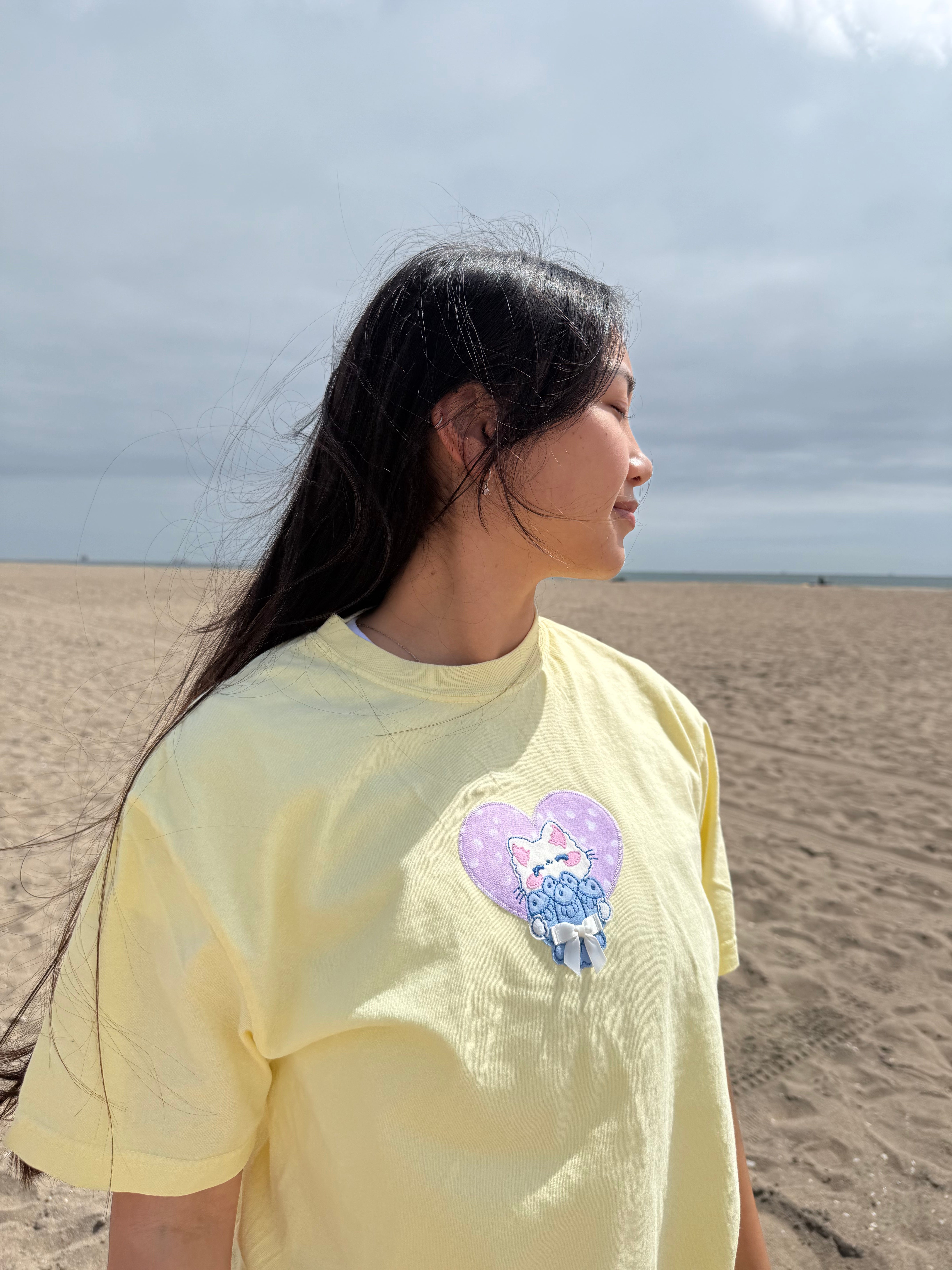 Embroidered Cat Patchwork T-Shirt | Soft Pastel Yellow Summer Tee for Women | Cute Casual Top for Outings, Dates & Cat Lovers