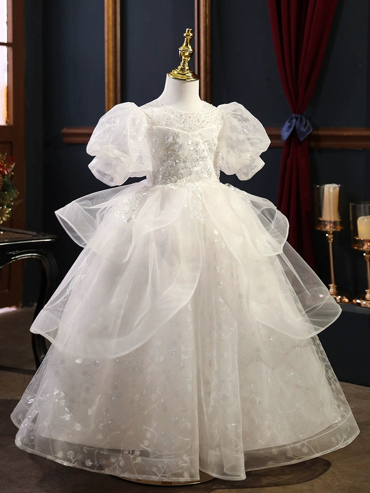 White Princess Round Organza Flower Girl Dress for Weddings, Baptisms & Special Occasions - Elegant & Comfortable Formal Wear