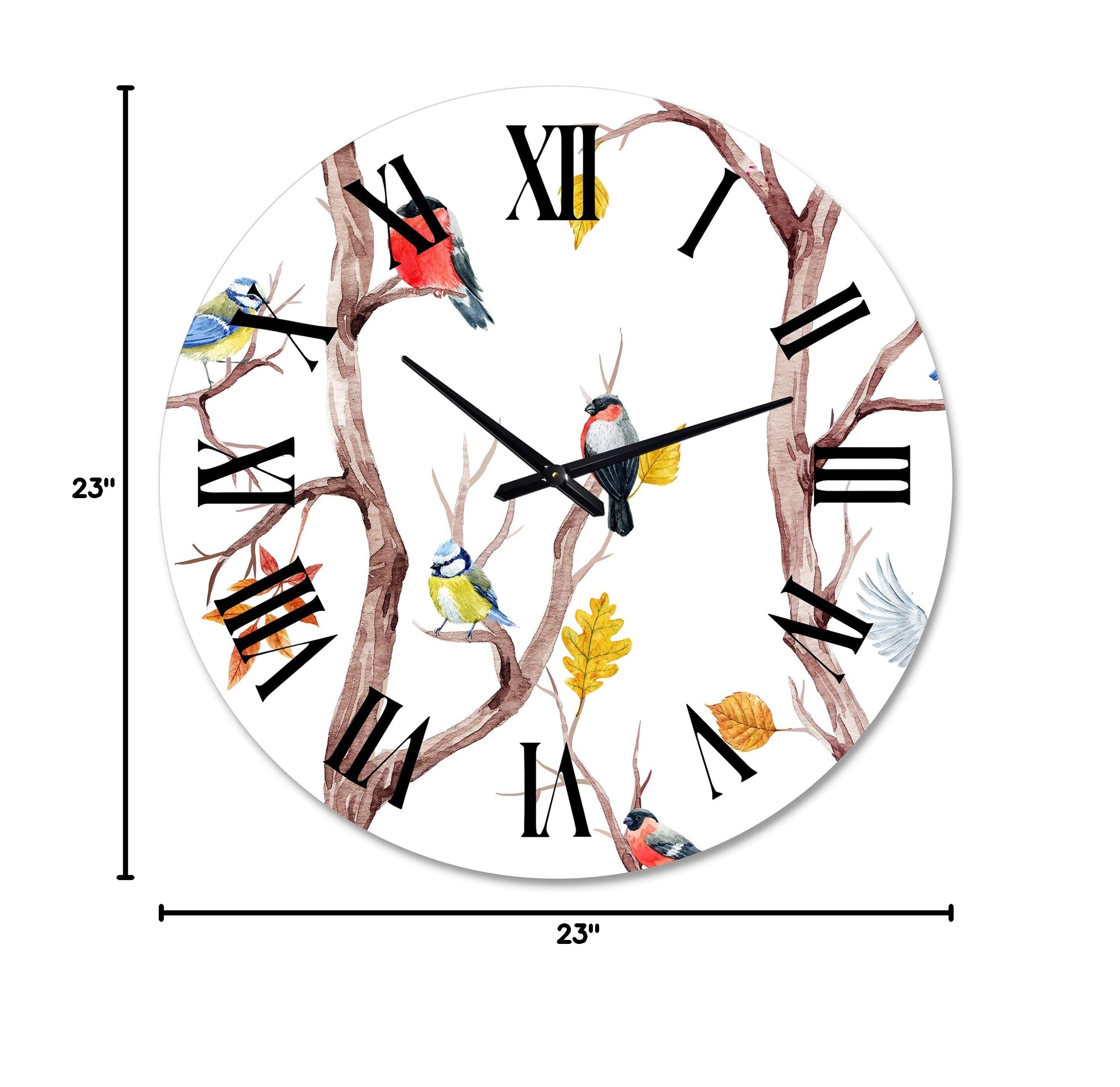 DesignQ Traditional Wall Clock 'Fall Trees and Little Birds' - Large Decorative Wall Clock with Nature Scene for Home, Office & Living Room Decor - Perfect for Farmhouse, Bedroom & Kitchen Wall Décor