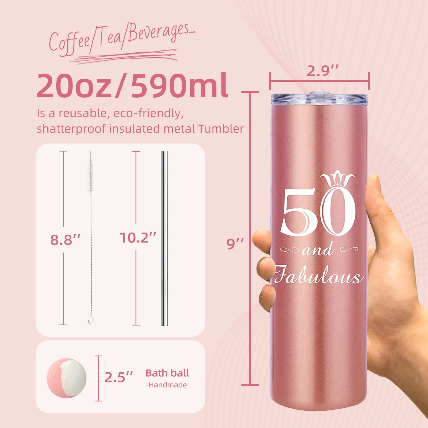 MEANT2TOBE 50th Birthday Gifts for Women - Insulated 20oz Tumbler & Spa Bath Set - Perfect 50th Birthday Present for Wife, Mom & Friends - Great for Office, Home & Travel Use