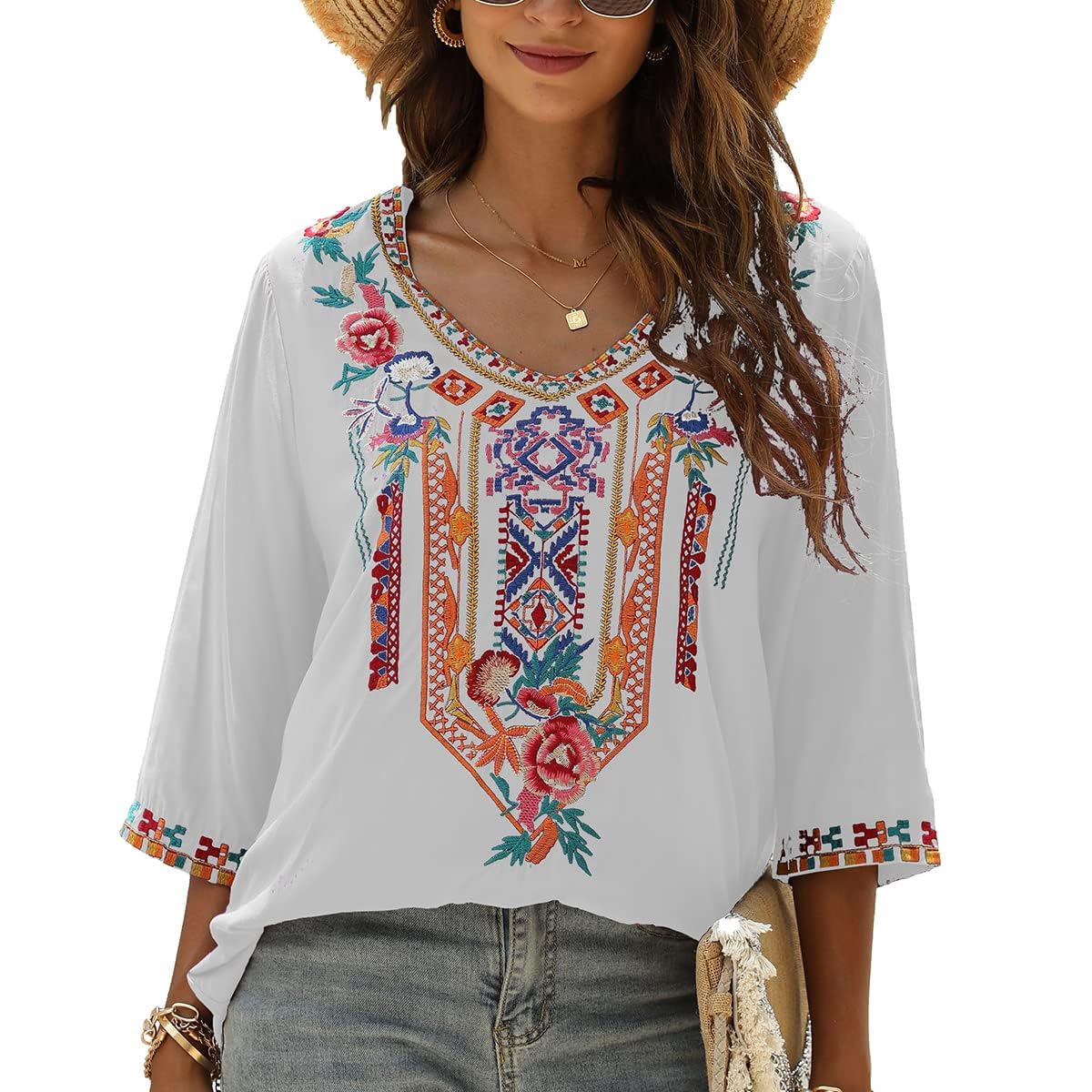 LauraKlein Women's Summer Boho Embroidery Mexican Bohemian Tops - V Neck 3/4 Sleeve Casual Loose Blouse Tunic for Beach, Festival & Vacation Wear