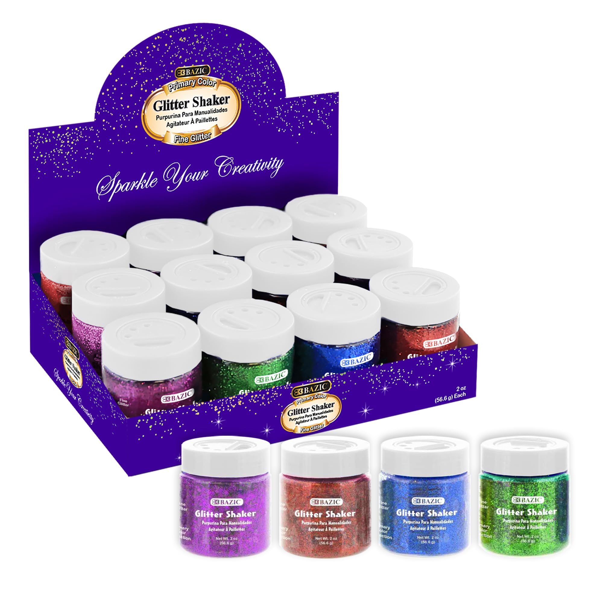 BAZIC Glitter Shaker Jar - 144-Pack Primary Color Sparkling Powder for DIY Slime, Paints, Crafts, Nail Art, Polish & Halloween Party Makeup (56.6g/Pack) - Perfect for Kids' Art Projects, Festival Decorations & Creative Gift Ideas