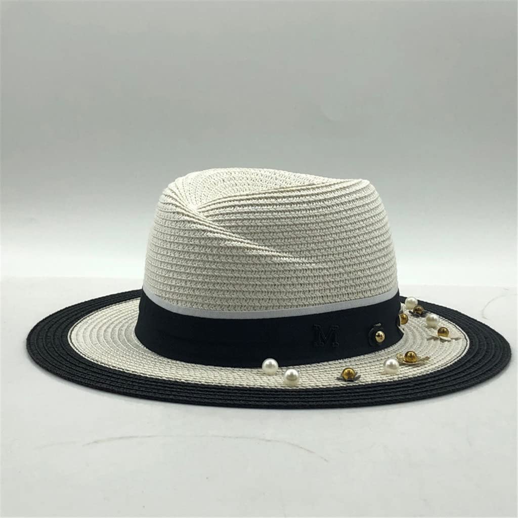 Stylish Women's Wide Brim Straw Hat with Flower Beads - 55-58cm Sun Hat for Beach, Garden & Summer Outfits | Pearl Embellished Panama Hat for Sun Protection & Fashion Accessories