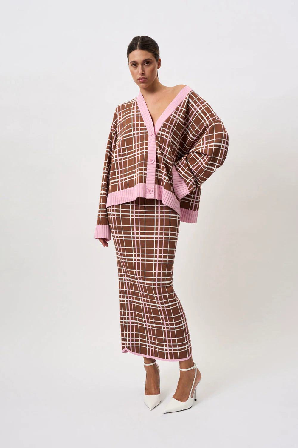 Carolina Check Knit Cardigan Sweater - Brown & Pink Color | Cozy Fall & Winter Fashion for Women