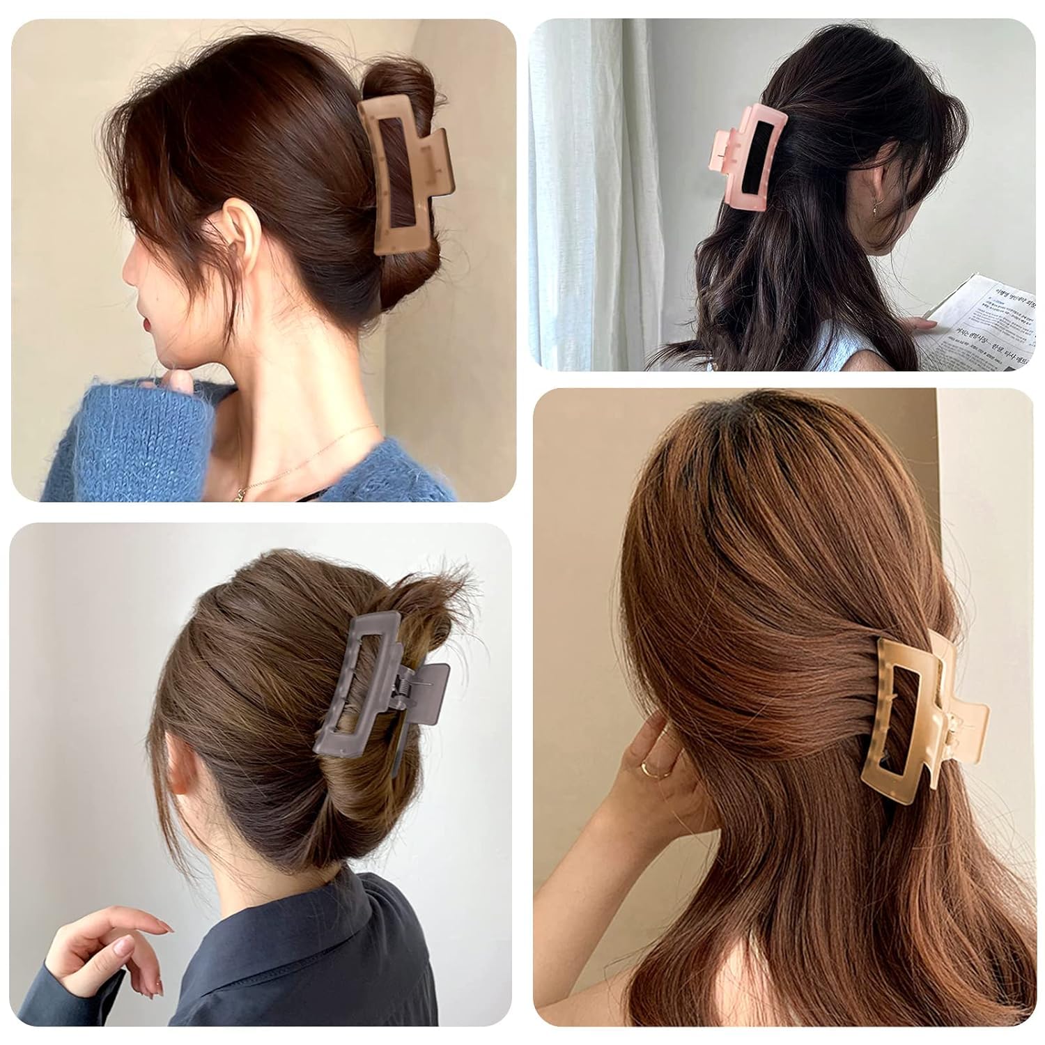 KROGER 4-Pack Hair Claw Clips for Women - Large 3.5 Inch Jelly Grip Clips for Thin, Thick & Curly Hair - Matte Clear Square Jaw Clips - Perfect for Ponytails, Buns & Updos