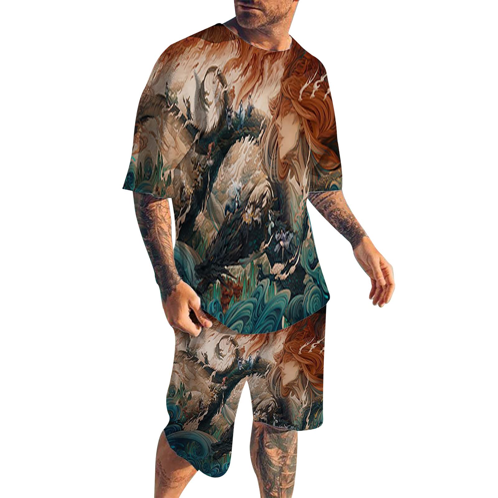 Men's Floral Print Polo Sweatsuit Set - Vintage Bowling Shirts & Tees for Streetwear & Activewear - Perfect for Spring Outings & Coffee Dates