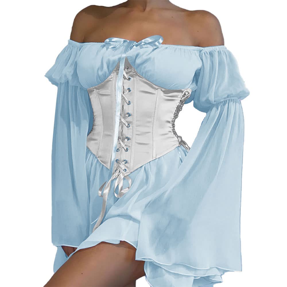 Women's Off Shoulder Bell Sleeve Corset Dress - Sexy Bustier Two Piece Mini Fairy Dress for Party, Night Out, Date Night & Special Occasions