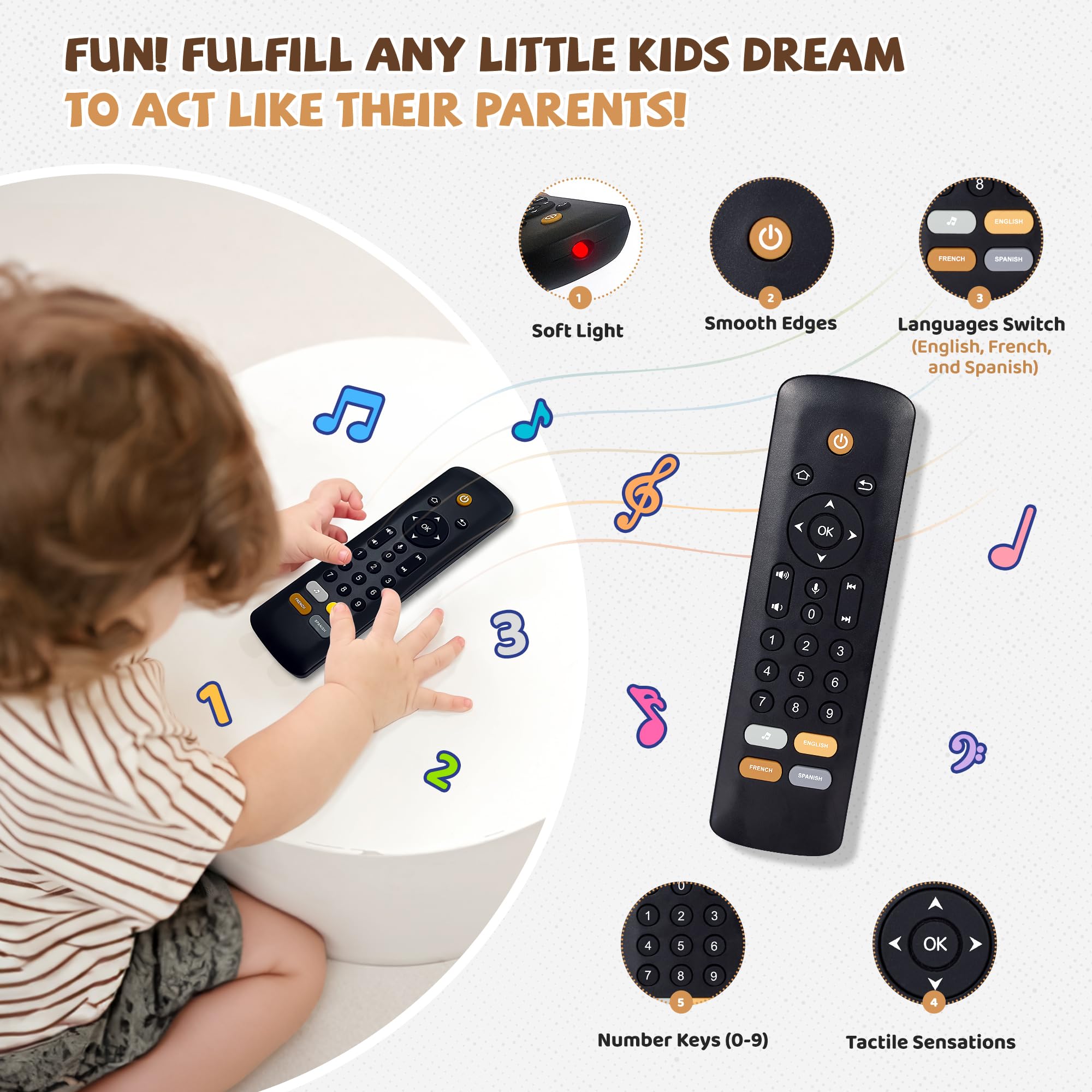 Baby TV Remote Toy with Lights & Sounds - Multilingual Learning Toy for Toddlers 1-2 Years, Great Gift for Boys & Girls - Play at Home
