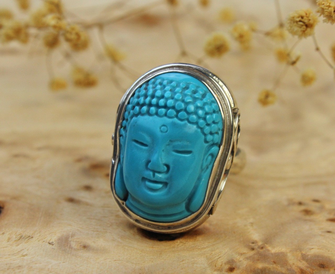 Hand Carved Turquoise Buddha Ring - Genuine Stone Spiritual Jewelry for Meditation, Yoga & Positive Energy - Perfect for Gifts, Healing & Mindful Living