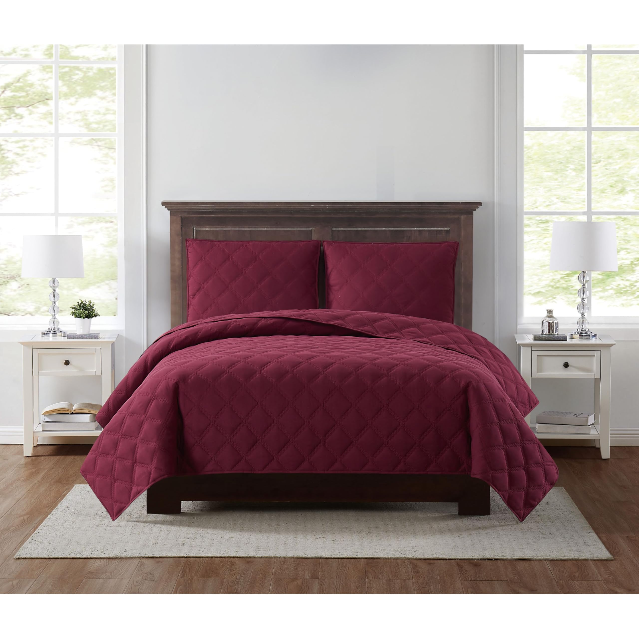 TRULY SOFT Everyday 3D Puff Quilt Set - Full/Queen Size Burgundy Bedding - Cozy & Luxurious Comforter for All Seasons | Perfect for Master Bedroom, Guest Room & Dorm Decor