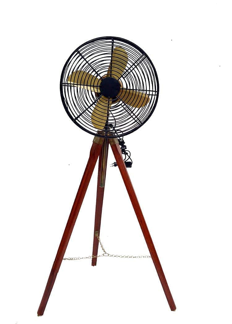 Vintage Style Brass Antique Tripod Floor Fan with Stand - Nautical Home Decor Fan for Living Room, Bedroom & Office Cooling | Decorative Industrial Fan for Indoor Spaces