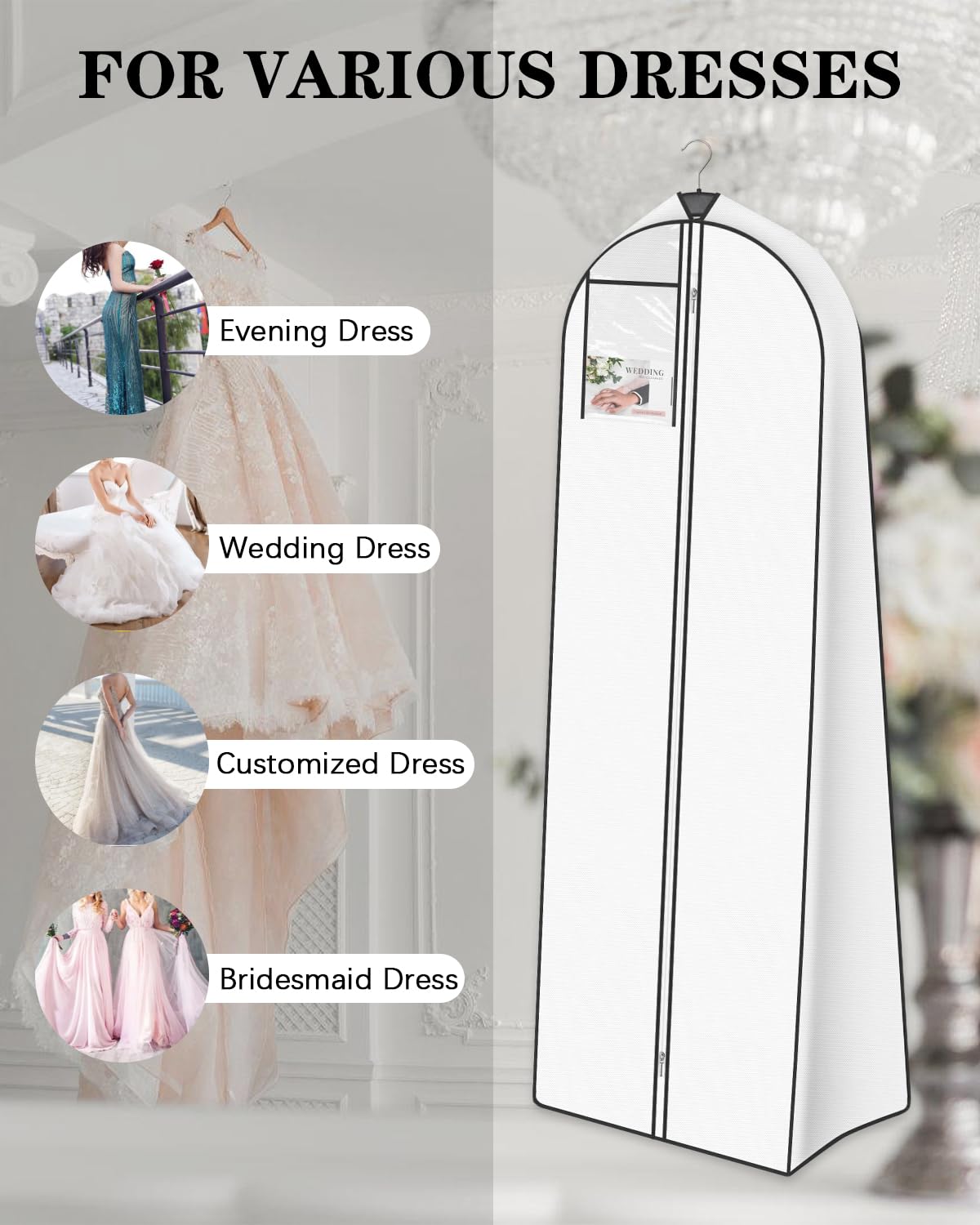 Lzerking 72'' Wedding Dress Garment Bag with 20'' Gusseted Expansion & Accessories Pouch - Breathable Long Gown Storage Cover for Bridal Dresses, Formal Wear, Travel & Closet Organization