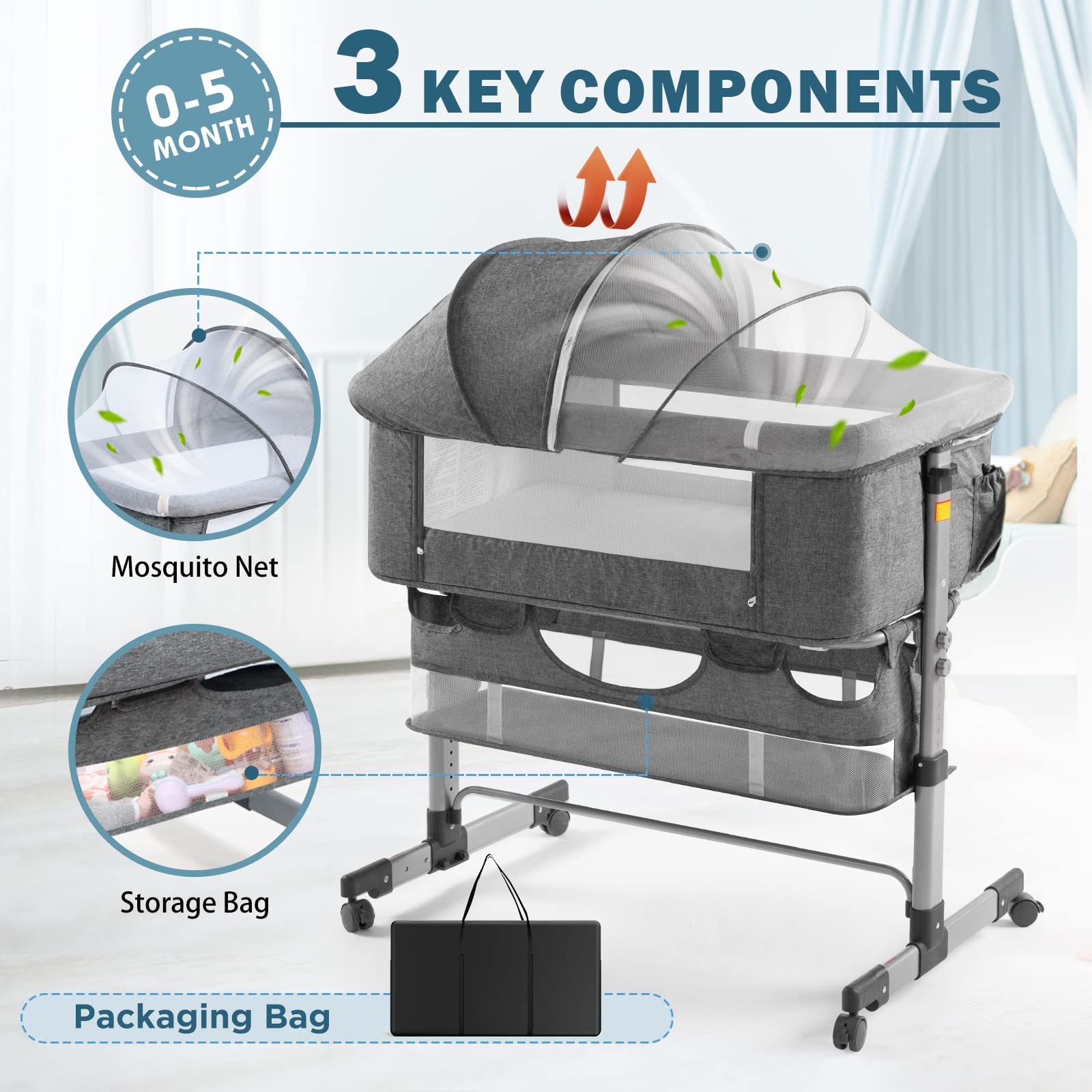 Ihoming Portable Baby Bassinet Bedside Sleeper - Adjustable Newborn Crib with Storage Basket & Easy Folding Design, Gray | Perfect for Nursery, Bedroom Co-Sleeping & Travel Use