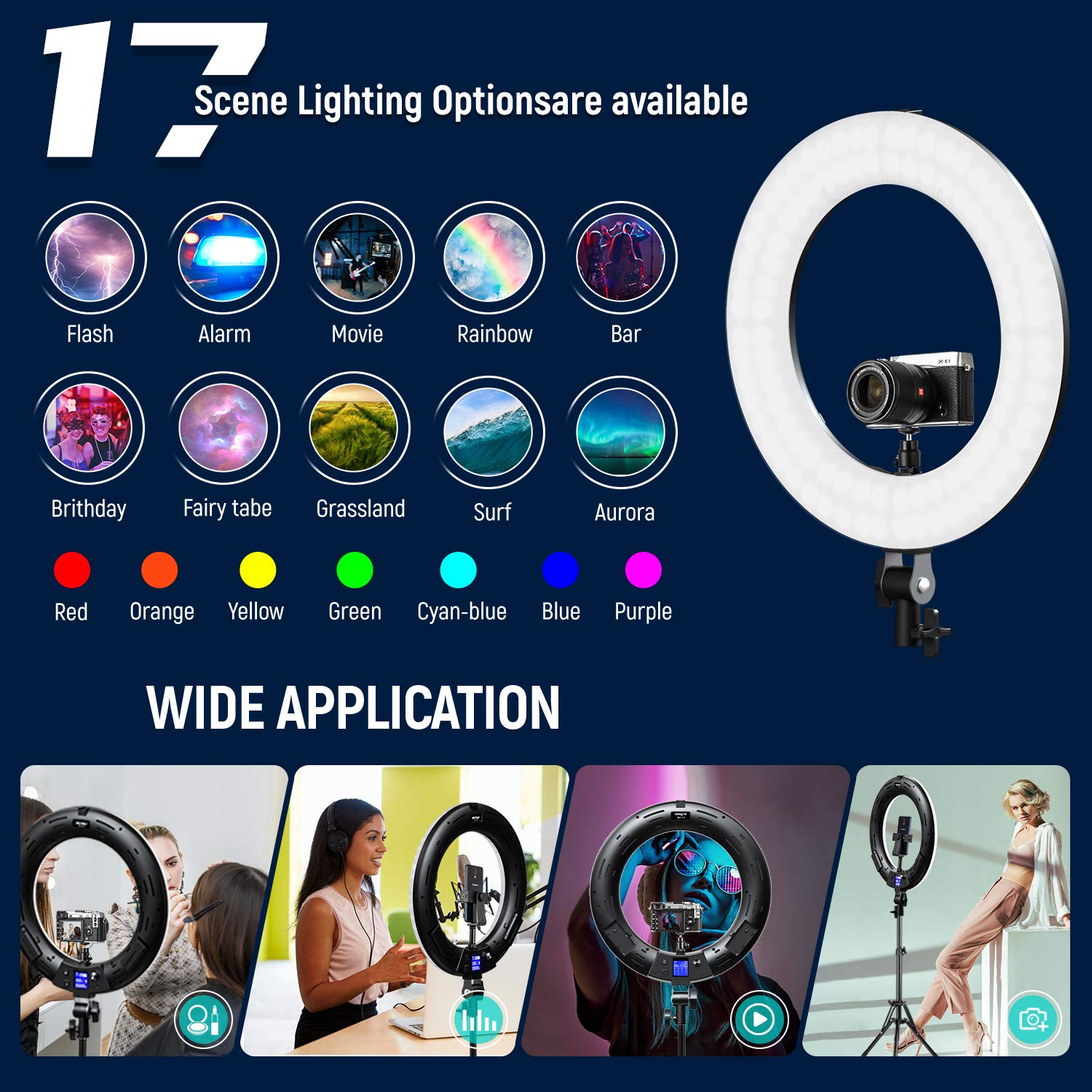 **Weeylite 18-inch RGB Ring Light with Stand & Phone Holder - Dimmable 2500K–8500K, CRI 95+ LED Selfie Light for TikTok, Live Streaming, Makeup, YouTube Videos & Photography - App Control & Remote Included**    *(Perfect for content creators, vloggers, makeup artists, and influencers enhancing lighting for professional-quality videos, photos, and live streams.)*