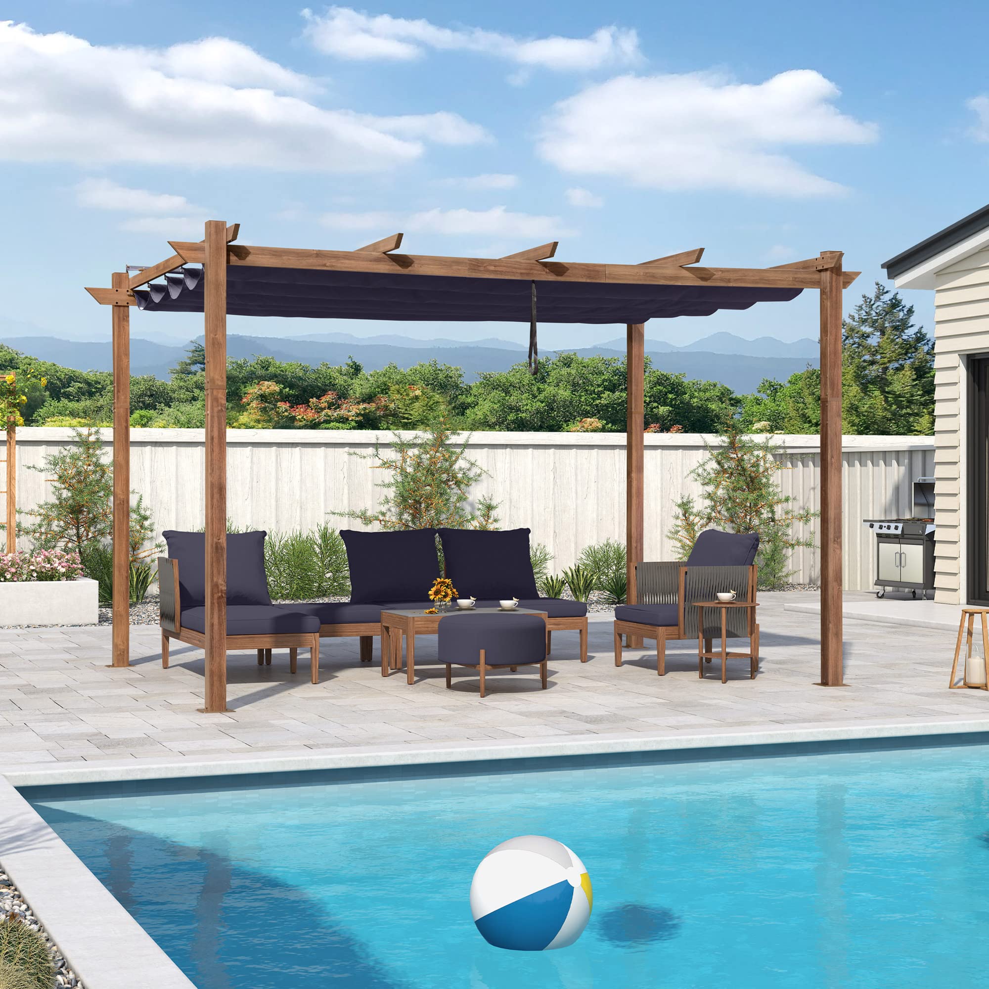 PURPLE LEAF 10' x 13' Retractable Pergola with Shade Canopy - Outdoor Metal Patio Shelter for Garden, Porch & Backyard - Natural Wood Grain Aluminum Gazebo - Navy Blue - Perfect for BBQ, Outdoor Dining & Relaxation