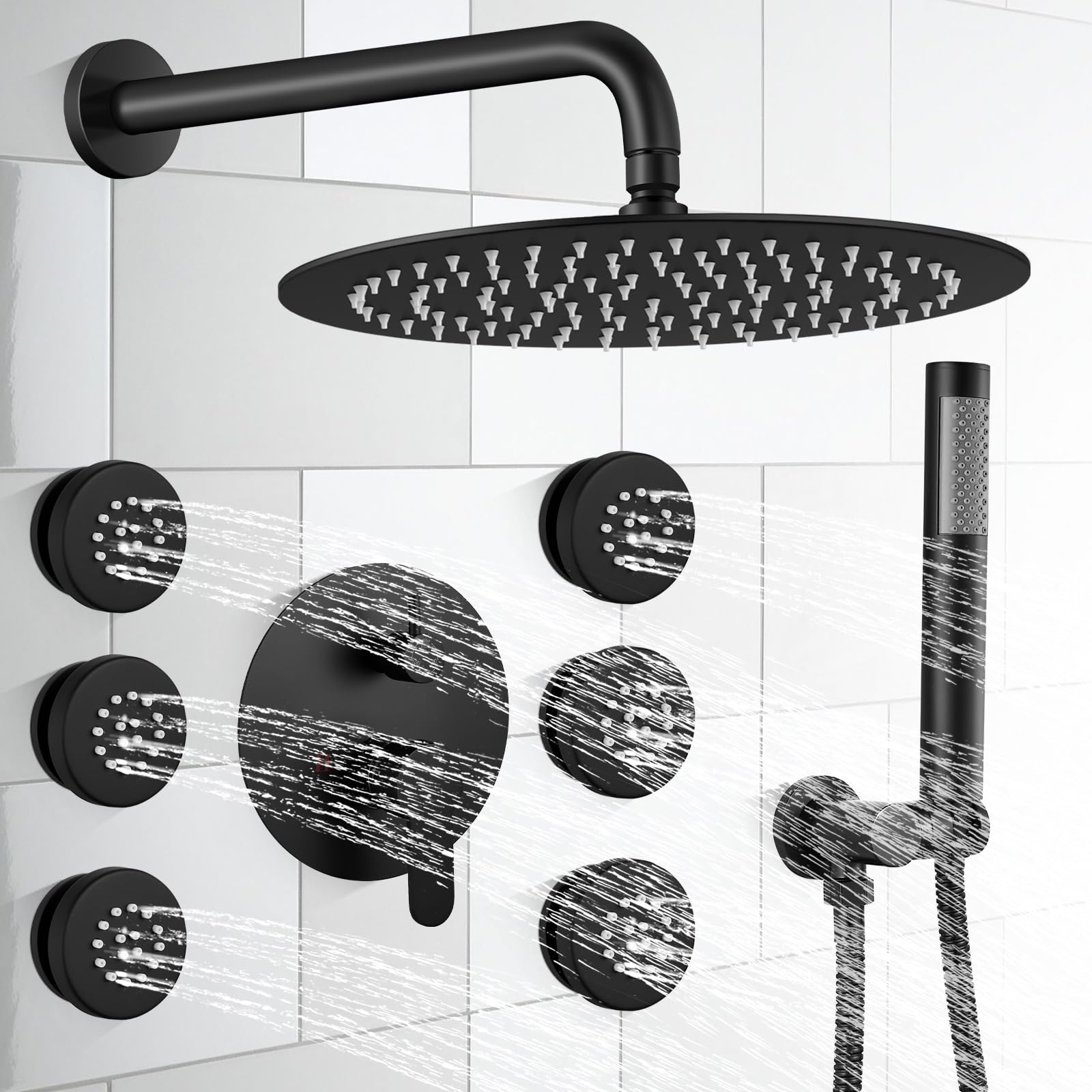 Gotonovo 12-Inch Round Rainfall Shower Faucet Set with 6 Body Jets - Matte Black Wall Mounted Luxury Shower Combo (Includes Rain Shower Head, Handheld Spray & Rough-in Valve) - Perfect for Spa-Like Bathroom Renovations & Modern Home Upgrades