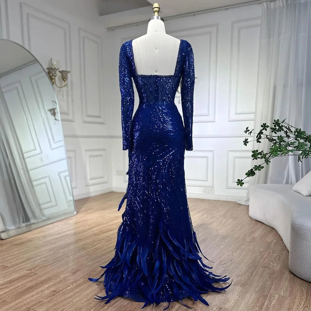 Serene Hill Royal Blue Mermaid Evening Gown with Sparkle Beads & Feathers - Elegant Formal Dress for Women's Parties, Prom, Gala & Special Occasions 2025