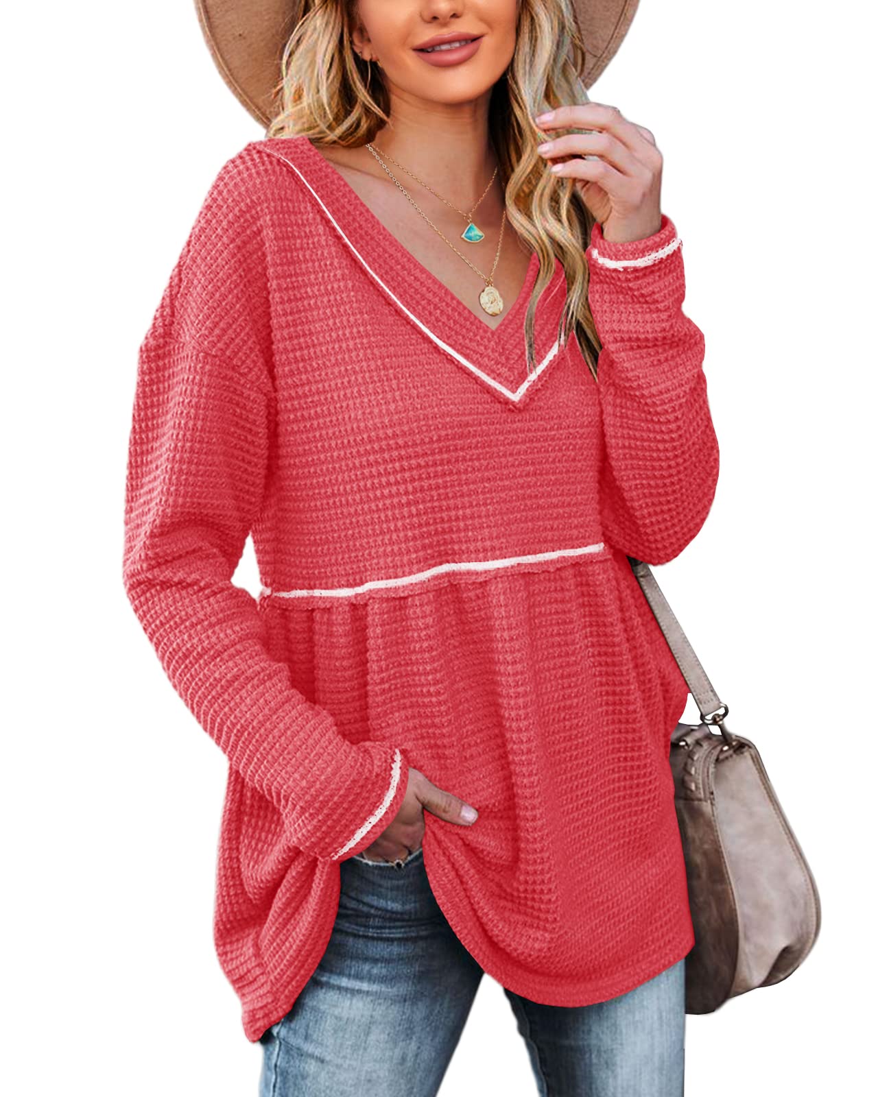 Women's V-Neck Waffle Knit Tunic Top - Long Sleeve Peplum Pullover Sweater - Casual Flowy Babydoll Swing Shirt for Work, Date Night & Fall Layering