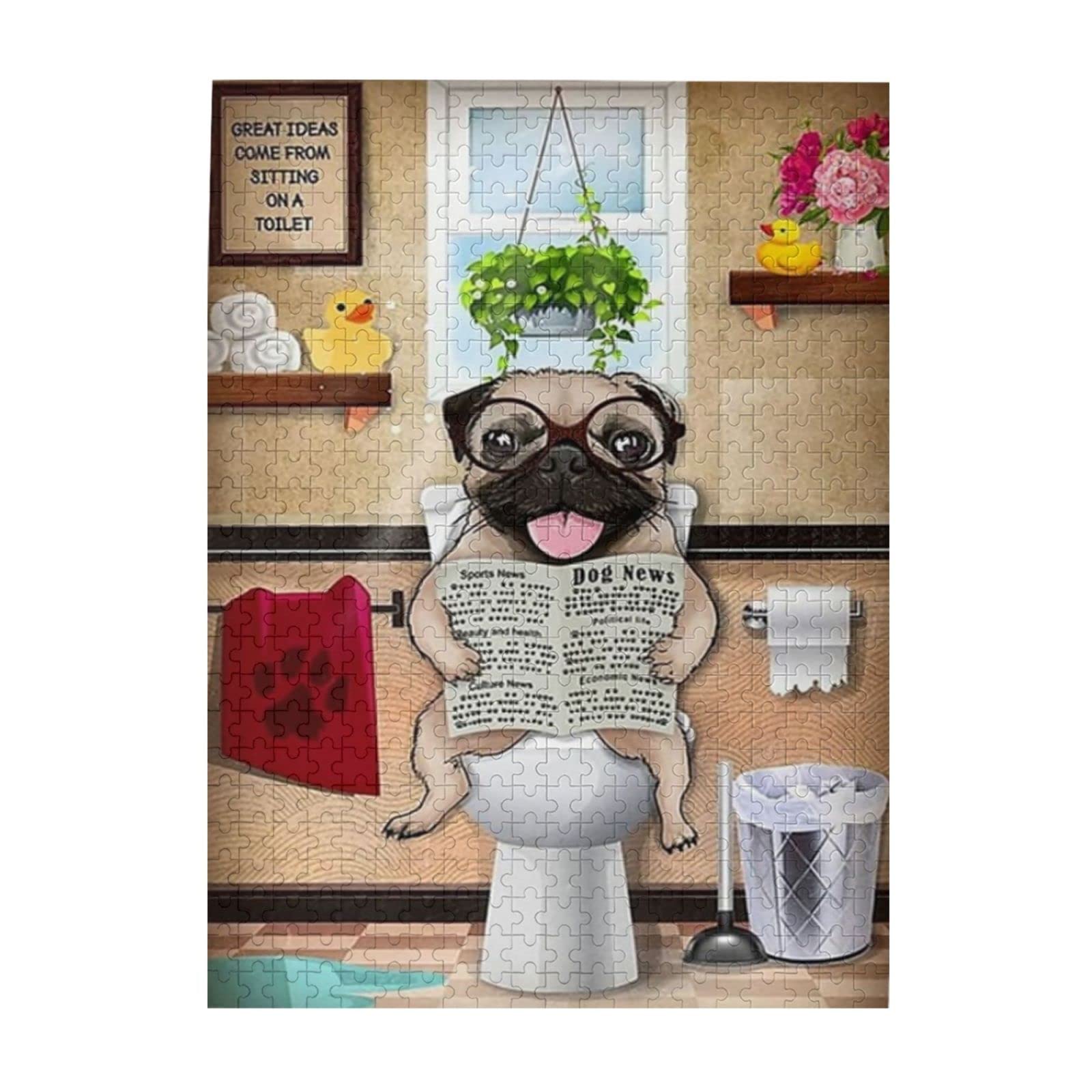 500-Piece Jigsaw Puzzle - Cute Pug Sitting on Toilet with Newspaper & Glasses - Fun Brain Teaser for Adults & Kids - Educational Toy for Family Game Night & Birthday Gifts