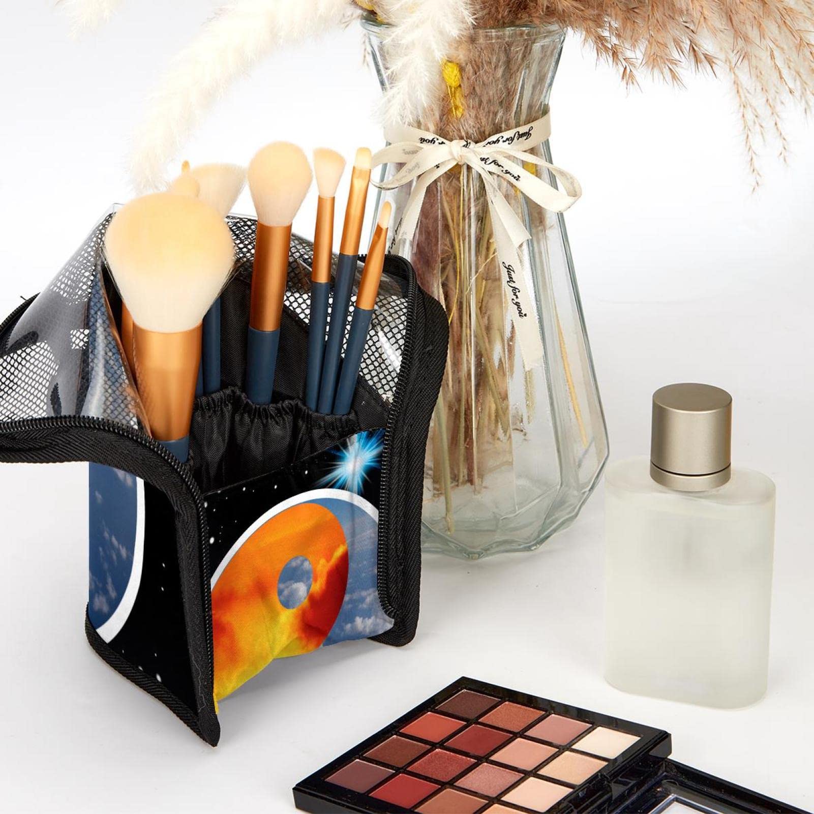 12-Piece Makeup Brush Organizer Bag with Yin Yang Design - Portable Cosmetic Brush Holder Case for Travel & Home Storage - Perfect for Makeup Artists & Beauty Enthusiasts