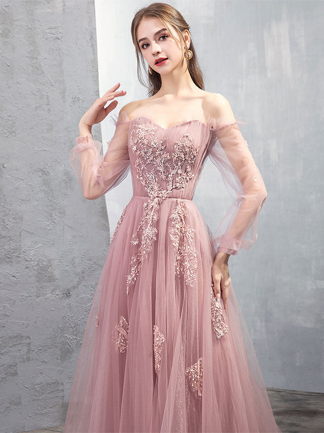 Elegant Pink A-Line Tulle Lace Long Prom Dress for Women - Formal Evening Gown for Homecoming, Wedding, Party & Special Occasions