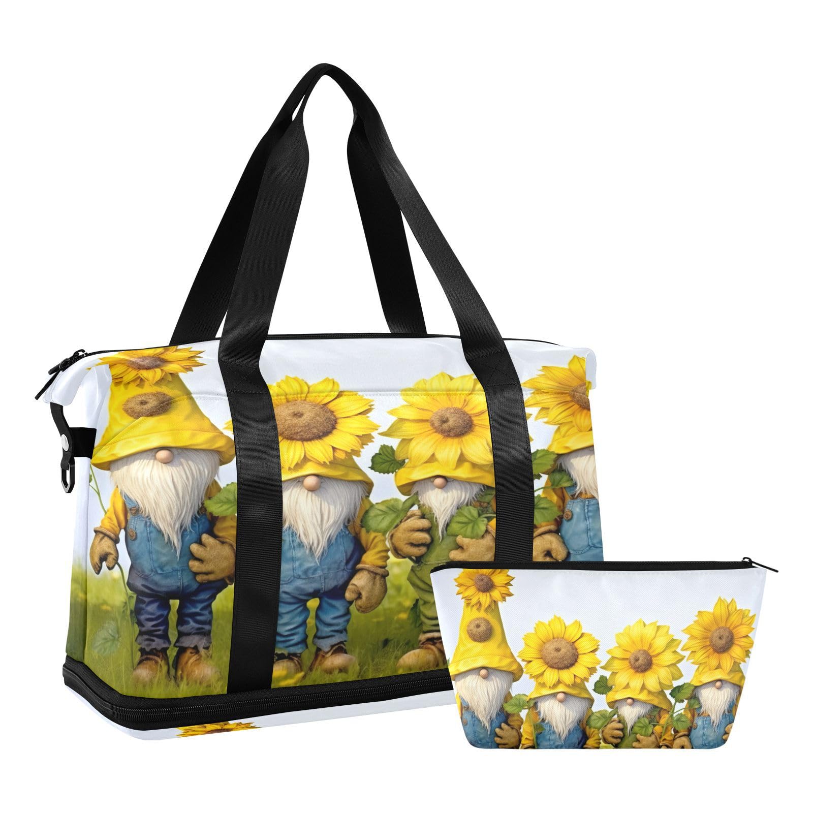 Flradish Sunflower Gnomes Sports Gym Bag - Lightweight Waterproof Travel Duffel Bag with Wet Pocket & Shoe Compartment for Men & Women | Perfect for Gym, Travel, Overnight Trips & Sports Activities | Multicolor One Size Modern Design