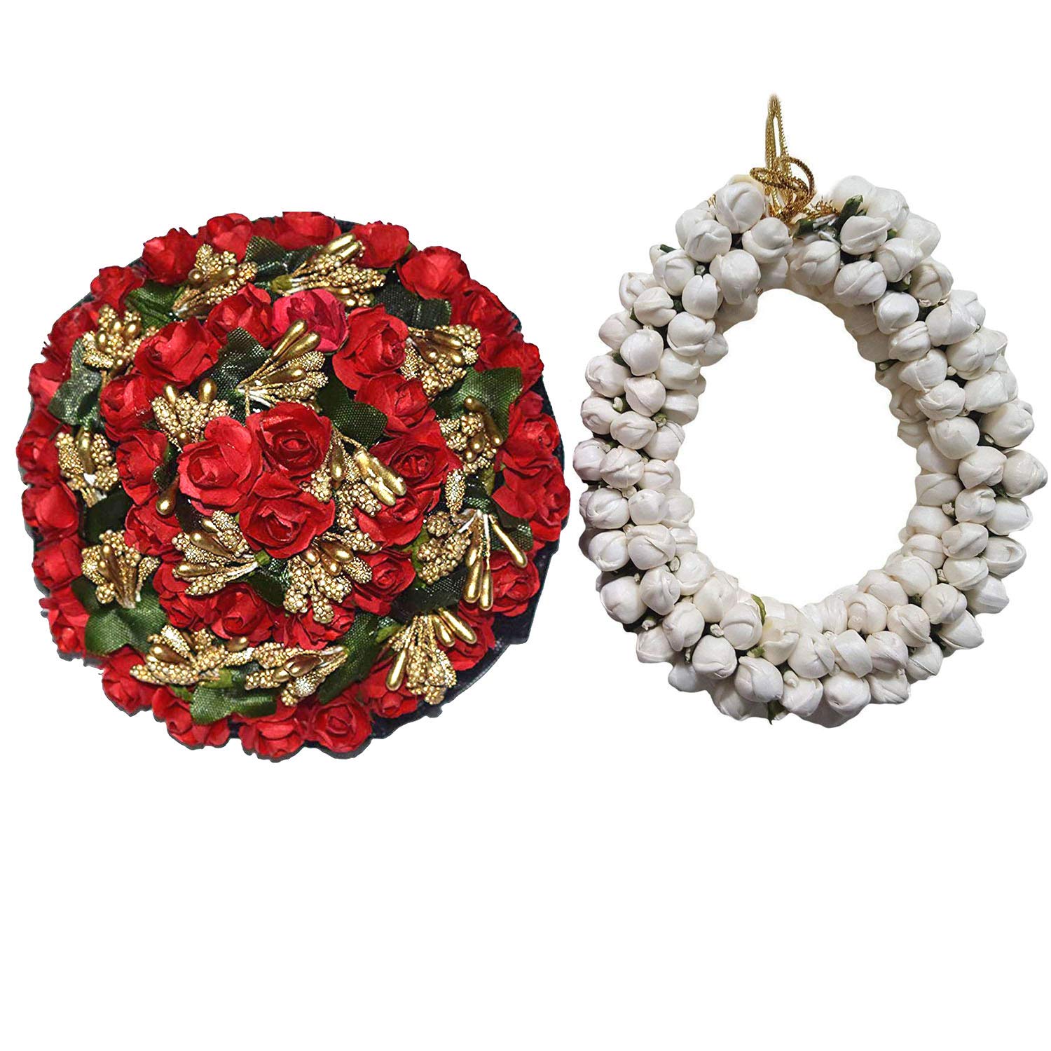 GuruEmbellish Hair Gajra Accessories for Bun Styling - Women's & Girls' Hair Jewelry (White & Red, 2-Pack) - Perfect for Weddings, Parties & Traditional Outfits