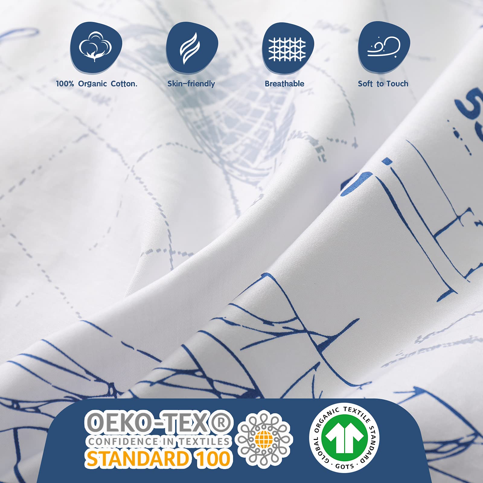100% Organic Cotton Duvet Cover Set for Kids & Teens - 3 Piece Soft Cartoon Comforter with Zipper Closure, Sailboat Pattern Twin Size Bedding | Perfect for Boys' Room, Nursery Decor & Cozy Sleep