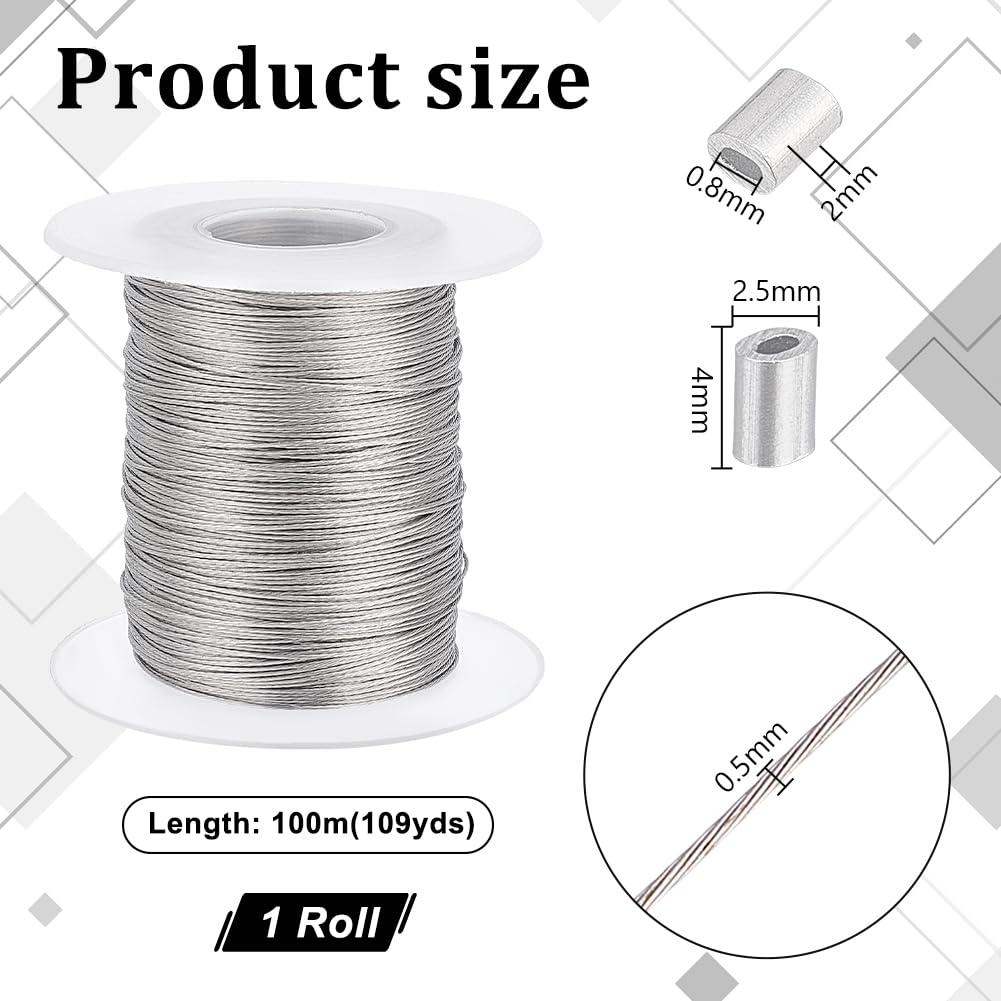 PH PandaHall 328 Feet 0.5mm Heavy Duty Stainless Steel Picture Hanging Wire - 304 Stainless Steel Photo Frame Wire with 30 Aluminum Crimping Loop Sleeves (9.7LB Load Capacity) - Perfect for Hanging Mirrors, Frames, and Wall Decor