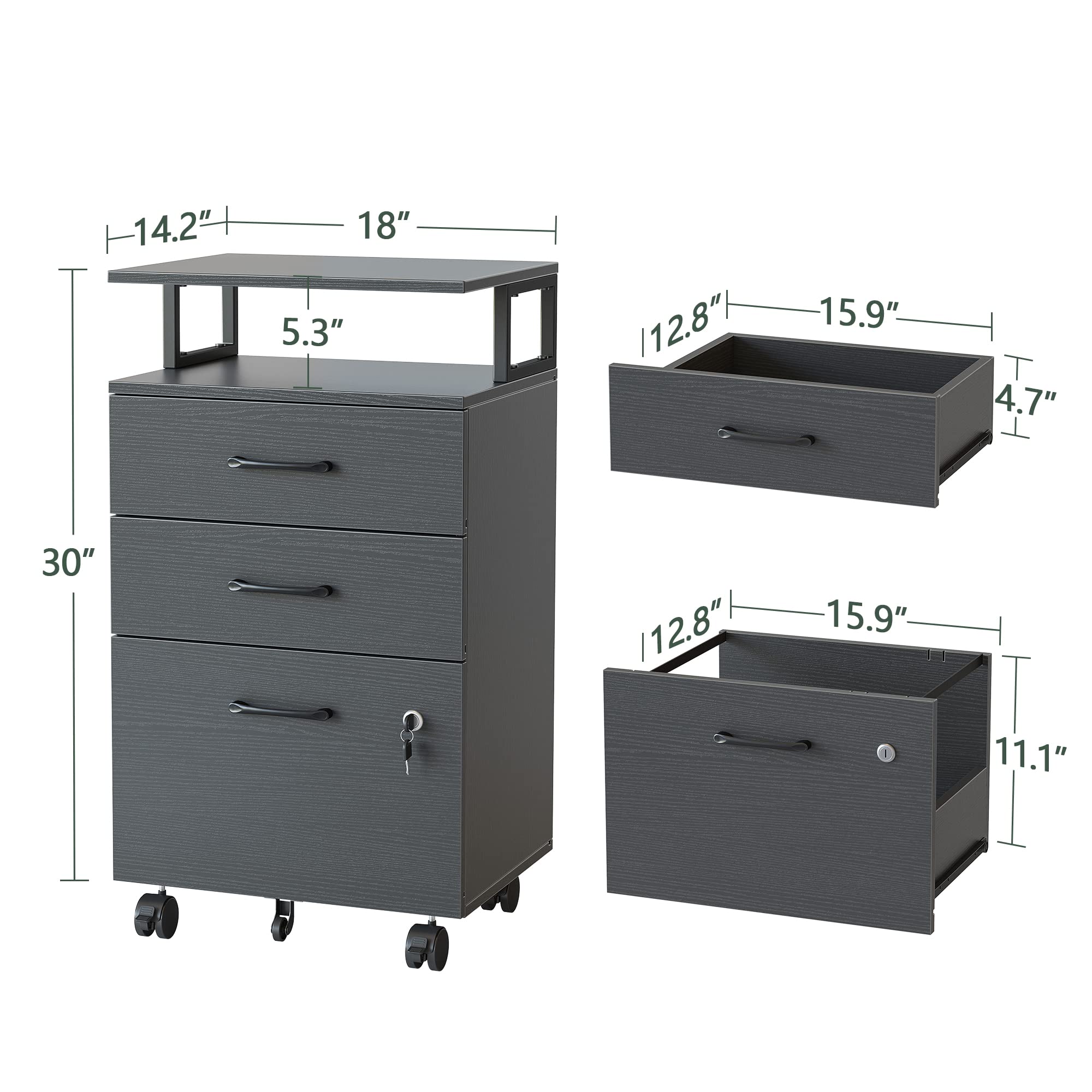 FEZIBO 3-Drawer Locking File Cabinet with Wheels - Wooden Storage Cabinet for A4/Letter/Legal Size Documents - Home Office Organization Solution for Files, Printer Stand & Office Supplies (Black) - Perfect for Small Spaces & Shared Workspaces