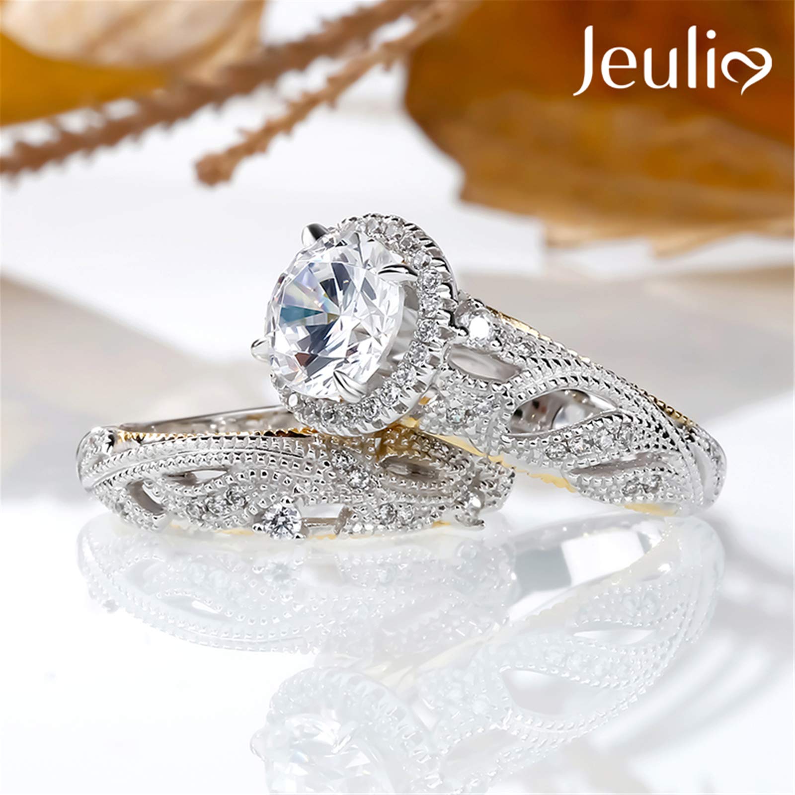 Jeulia 4 Carat Openwork Wedding Ring Set for Women - 925 Sterling Silver & Yellow Gold Halo Engagement Ring with Round Cut White Diamond & CZ Solitaire Band - Perfect for Anniversary, Promise & Bridal Jewelry Gifts