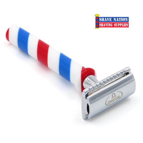 Omega Barber Pole Flat Bar Safety Razor - Premium Stainless Steel Men's Shaving Razor for Smooth Shave - Perfect for Wet Shaving & Travel Grooming Kit