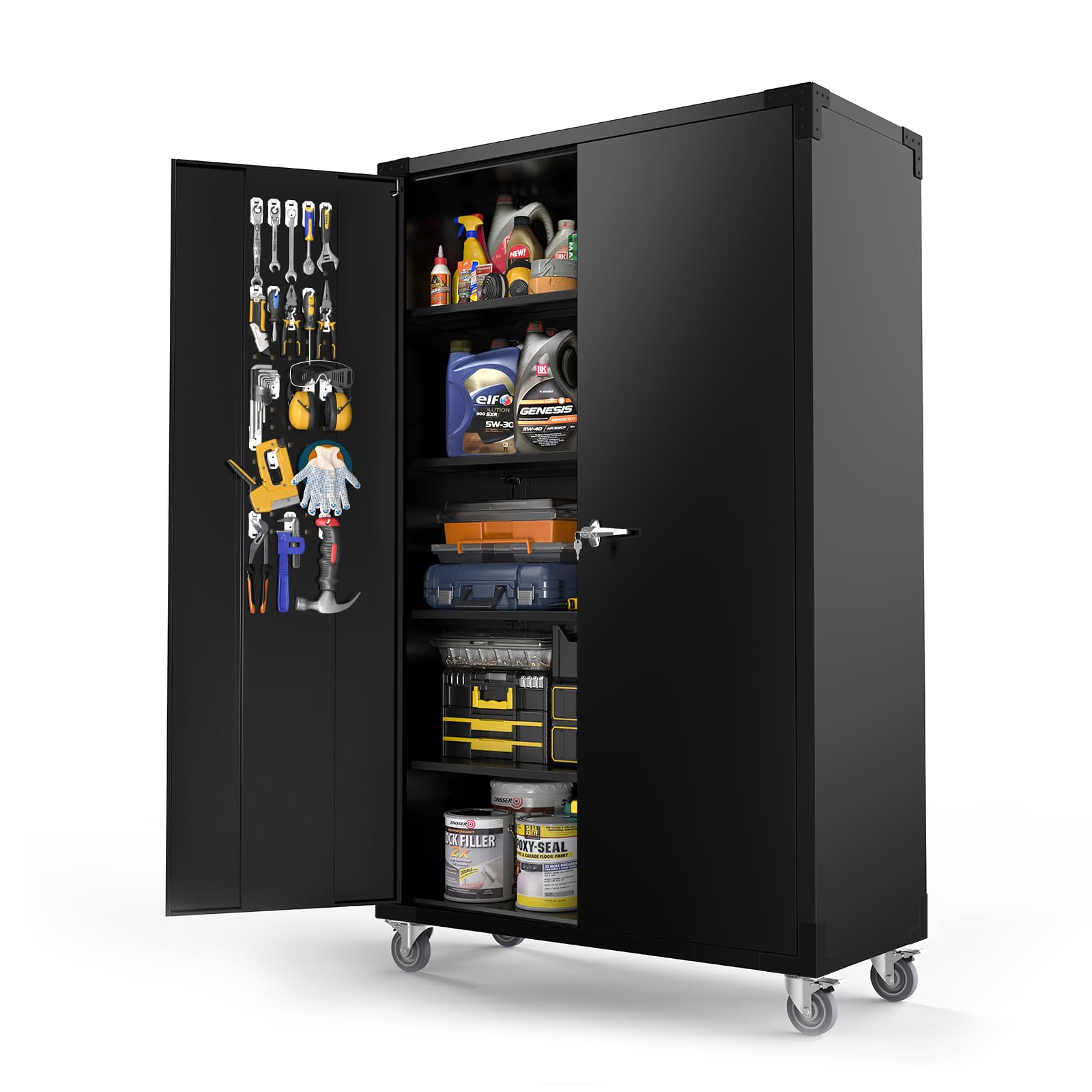 VINGLI Upgraded Wide & Deep Garage Storage Cabinet - Heavy Duty Metal Storage with Pegboards, Wheels, Locking Doors & Adjustable Shelves (Black, 43