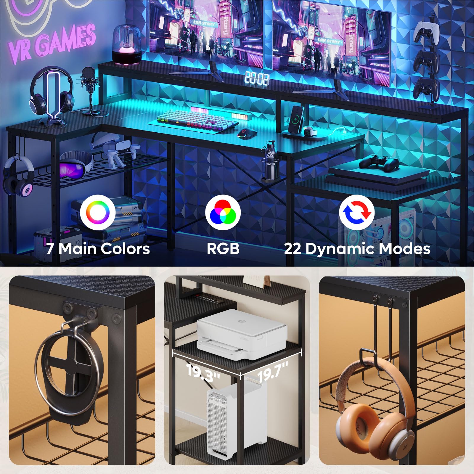 Bestier L-Shaped Gaming Desk with Power Outlets & LED Lights - Black Corner Computer Desk with Storage Shelf & Headset Hooks - Perfect for Home Office, Streaming Setup & Esports Gaming Stations