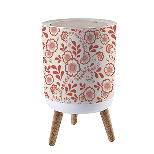 Small Trash Can with Lid - 1.8 Gallon Round Waste Bin with Vector Floral Arabesque Pattern, Dog-Proof Press Cover for Kitchen, Bathroom & Living Room - Perfect for Home, Office & Dorm Decor
