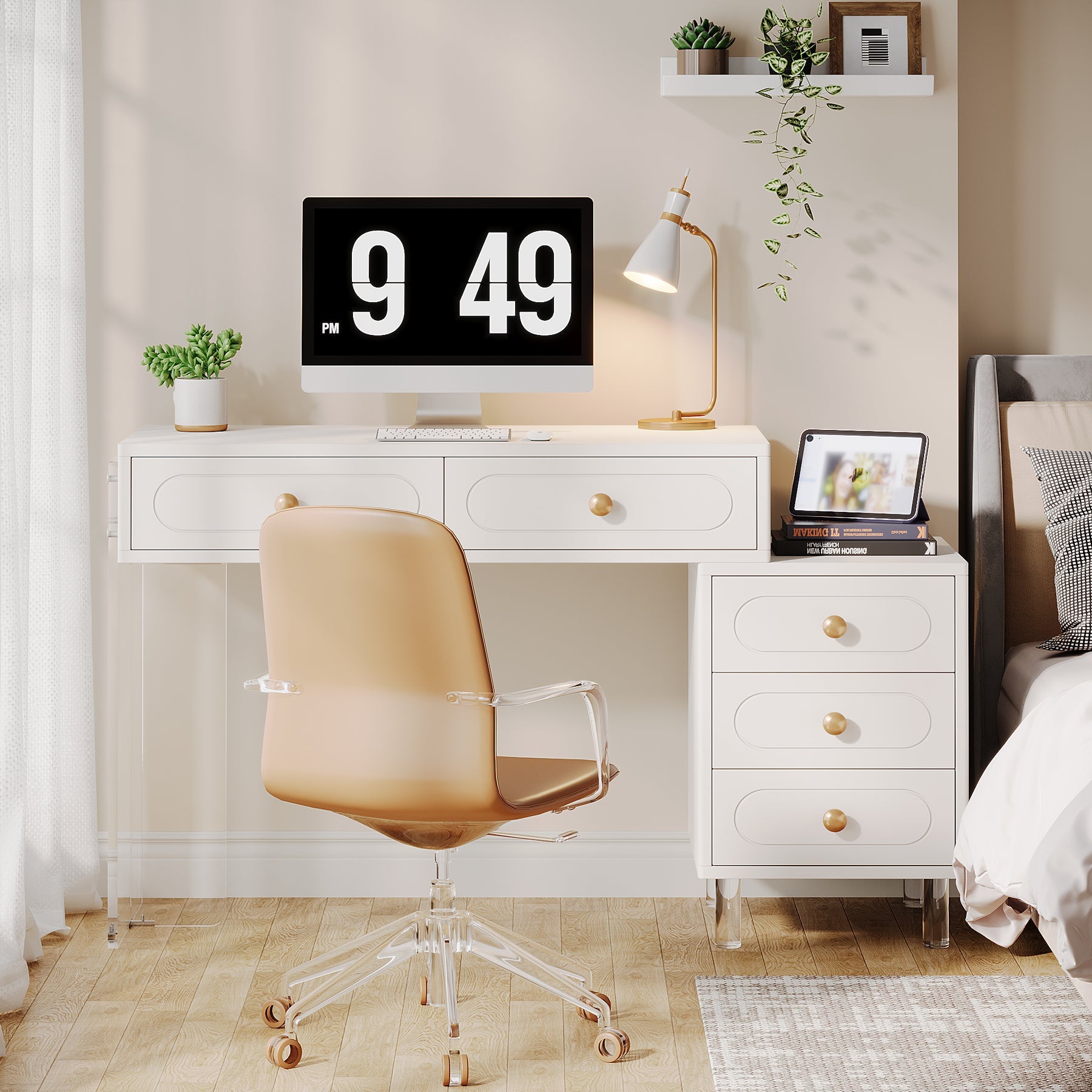 5 Drawer Modern Computer Desk with Transparent Acrylic Base & Sturdy Legs - Home Office Workstation for Small Spaces, Gaming Setup & Study Room Organization