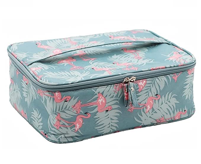 KARTUNBOX Compact Makeup Organizer - Portable Cosmetic Storage Bag with Washable Fabric & Dividers - Travel Toiletries Case for Women & Girls (Blue) - Perfect for Travel, Gym, School & Daily Use