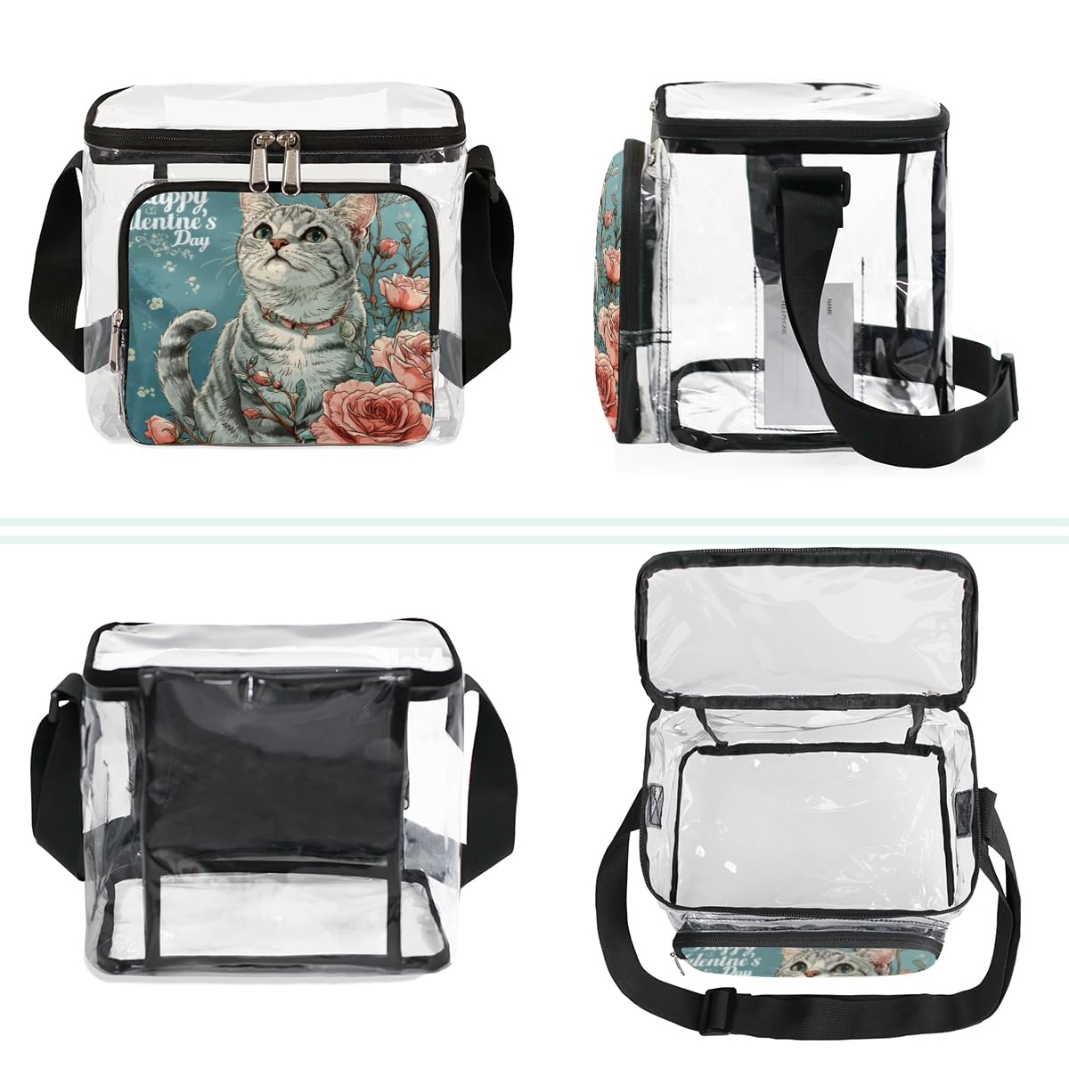 GzLeyigou Valentine's Day Clear Tote Bag with Handles - Cat Design Transparent Crossbody Shoulder Bag for Lunch, Outdoor, Travel, Picnic, Concerts & Sports Events - Stadium Approved Multipurpose Purse for Women, Girls, School, Beach & Shopping