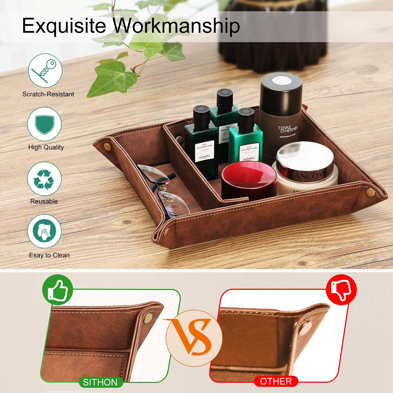 SITHON Valet Tray - 2 Compartment Desktop Organizer with Removable Dividers | Nightstand Catchall Tray for Jewelry, Keys & Essentials | Bedside, Vanity & Office Storage Solution (Brown)