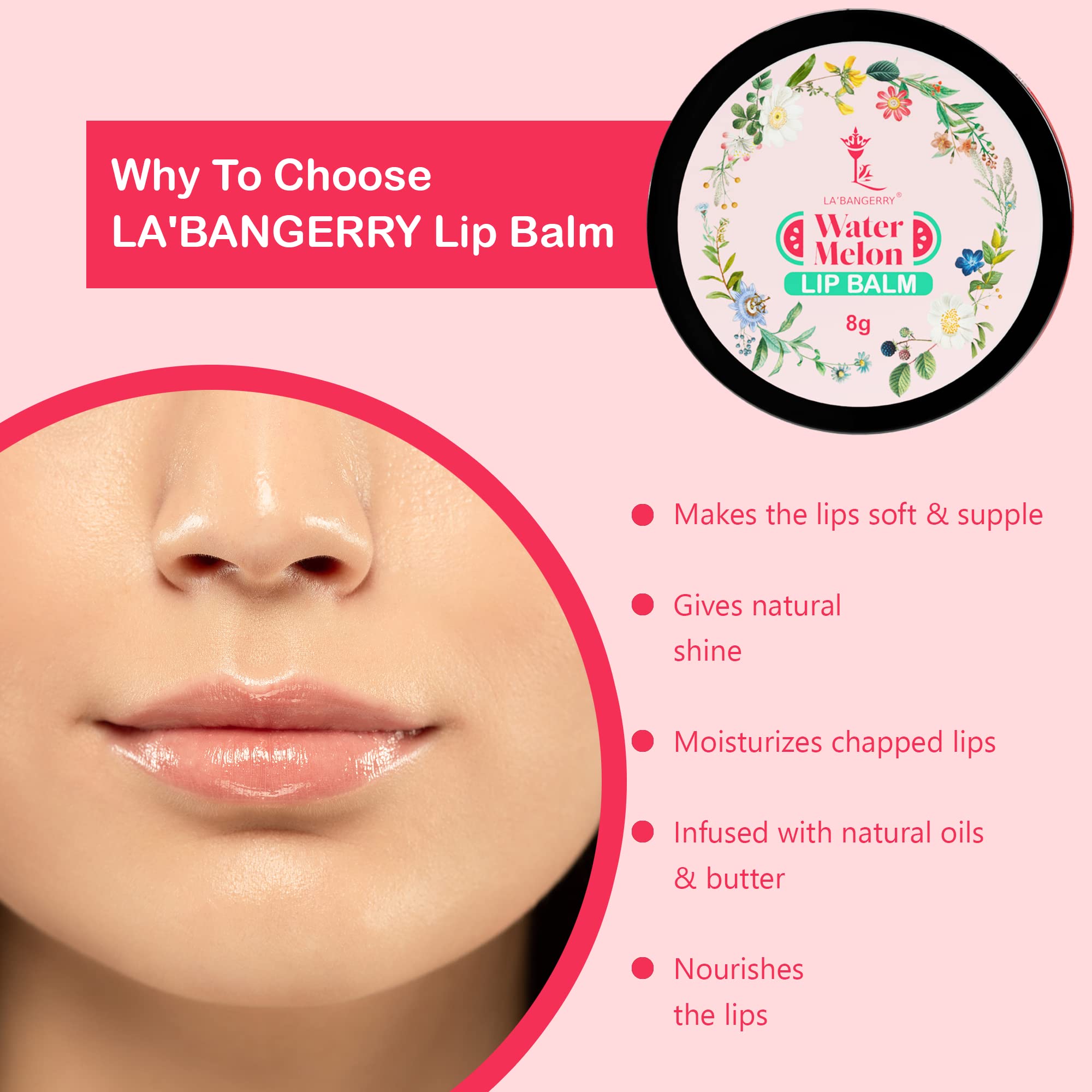 LA'BANGERRY Watermelon Lip Balm for Dry, Damaged & Chapped Lips - Moisturizing Hydration to Remove Tan & Darkened Lips - 8g Lip Care for Women & Men - Perfect for Winter Protection & Daily Lip Care
