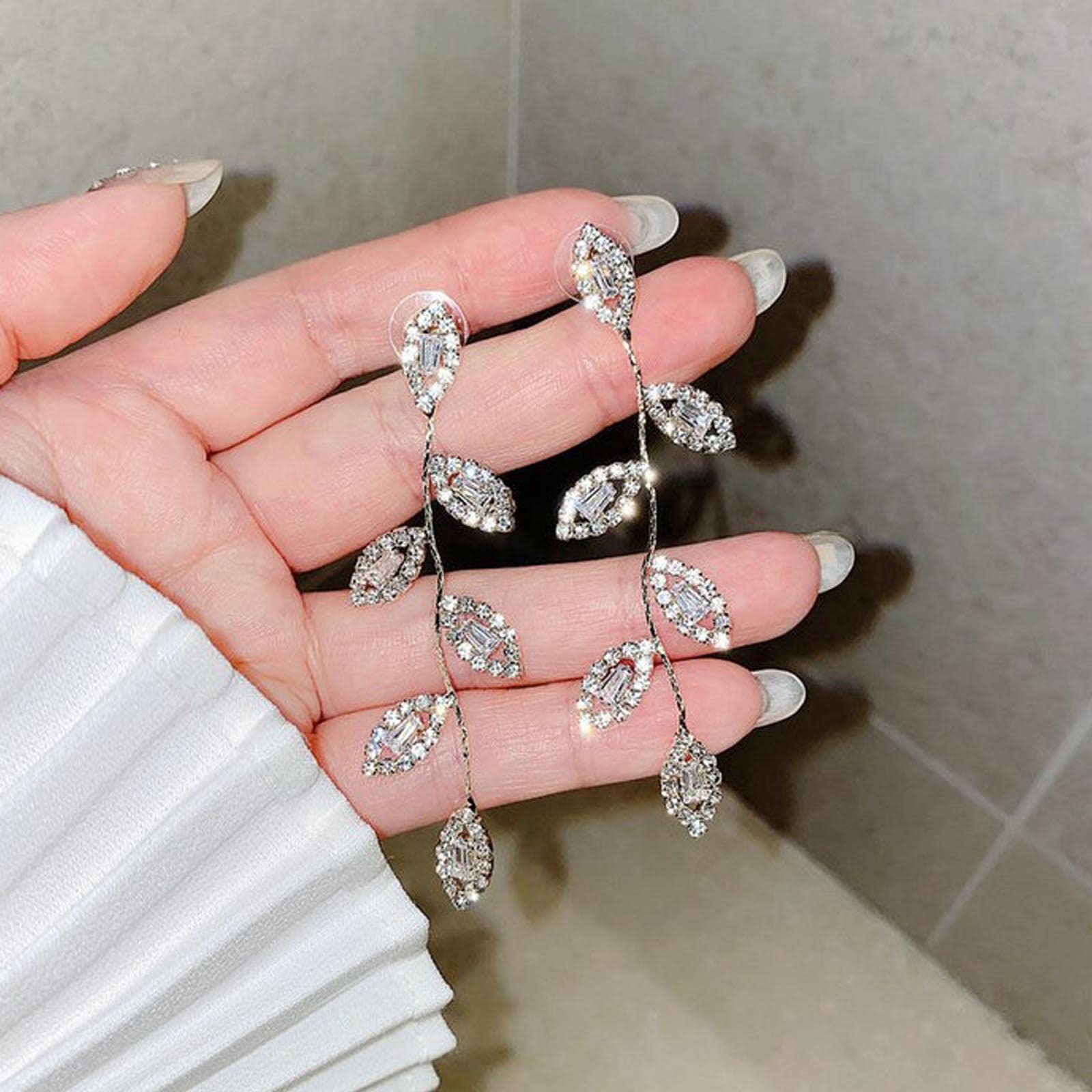 Elegant Silver Drop Dangling Earrings for Women - Rhinestone Bridal Wedding Prom Anniversary Jewelry - Delicate Leaf Design Long Earrings - Perfect for Weddings, Parties, and Special Occasions