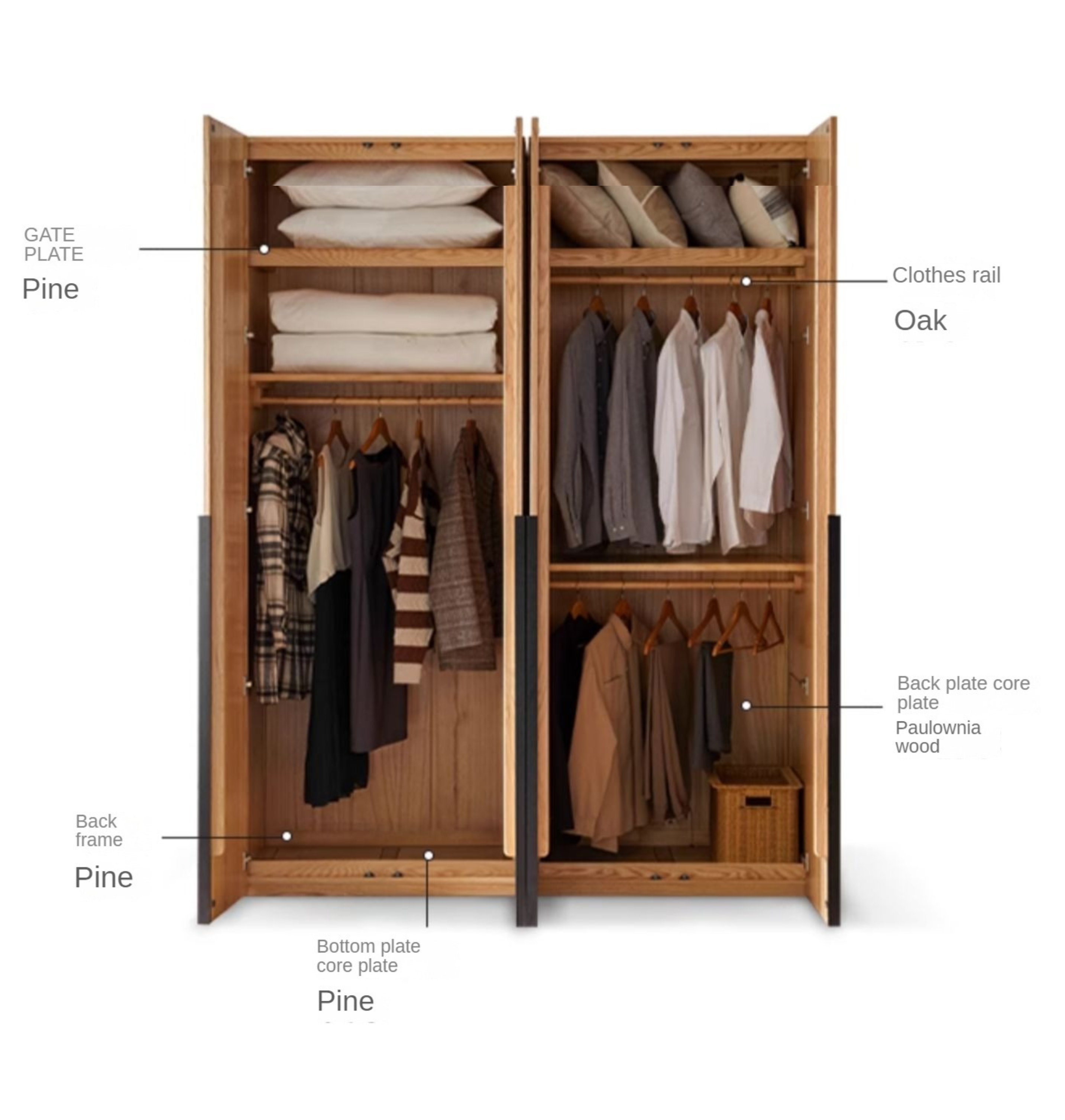 Solid Oak Wood Wardrobe - Modern High Closet for Bedroom & Living Room Storage | Durable & Stylish Furniture for Home Organization