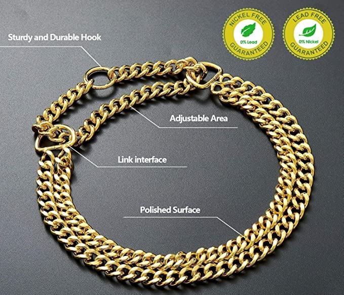 D&C Paws 2 Layer Dog Choke Chain Collar - 24 Inch Adjustable Training Collar in Golden Color for Medium to Large Dogs - Perfect for Obedience Training, Walking & Security Control