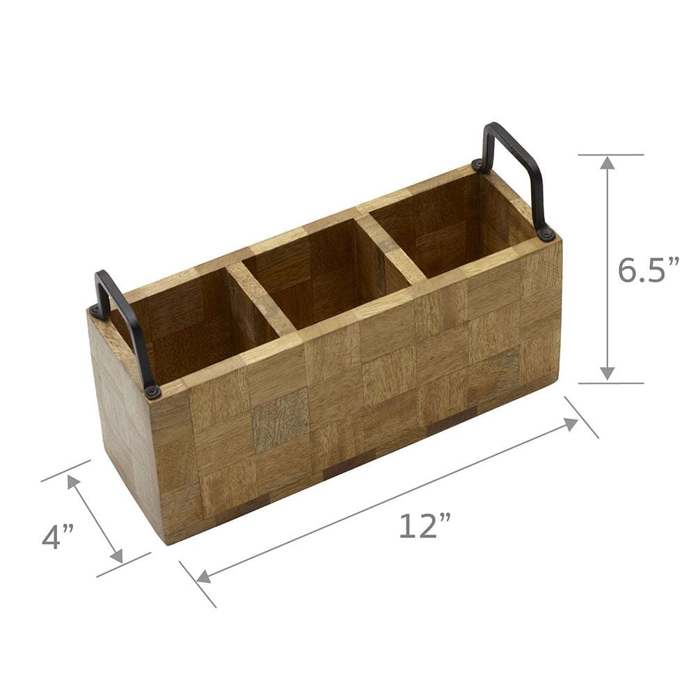 Avery Checkered Flatware Wood Caddy - Stylish Wooden Utensil Holder for Kitchen, Dining Table, and Picnic Organizer
