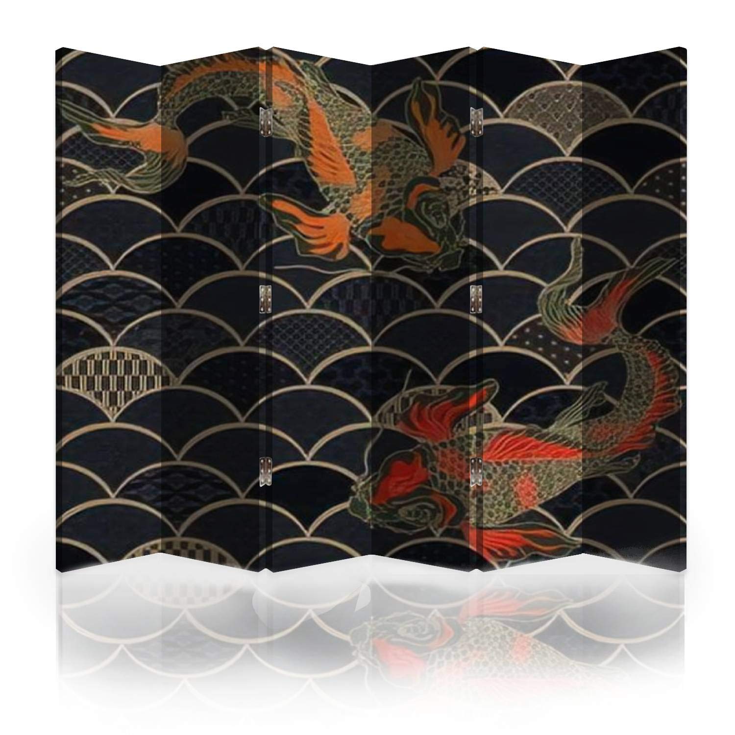 Japanese Style Canvas Room Divider Screen - 6 Panel Folding Privacy Partition with Seigaiha Wave & Carp Fish Oriental Motifs | Perfect for Home Office, Bedroom Separation & Decorative Room Dividers