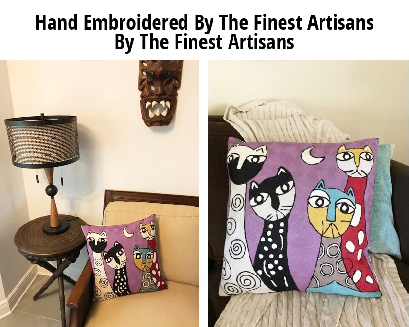 Hand Embroidered Abstract Cat Pillow Cover - 18x18 Inch Purple Picasso Cat Face Cushion | Soft Wool Kitty Accent Pillow for Sofa & Bed | Perfect Gift for Cat Lovers | Home Decor & Cozy Living Room Accessory