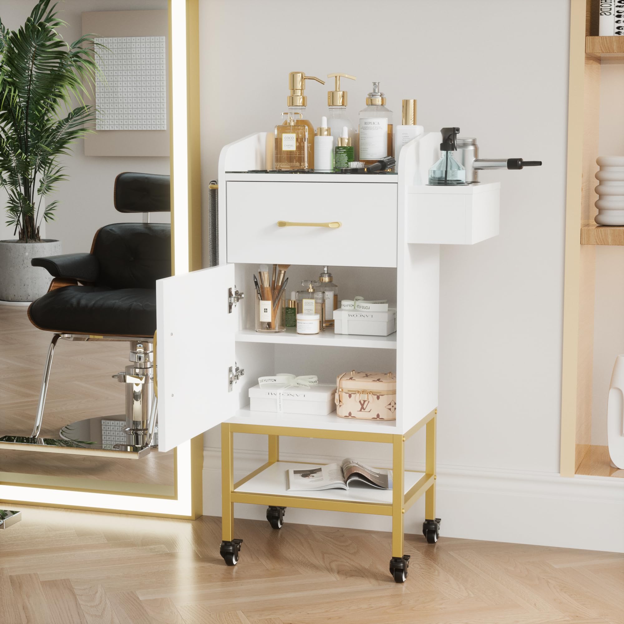 White Salon Trolley Cart with Glass Top - Lockable Wheels Beauty Storage Cabinet for Hair Stylists - Rolling Hair Station with Drawer & Cabinet | Perfect for Barber Shops, Beauty Salons & Home Styling Stations