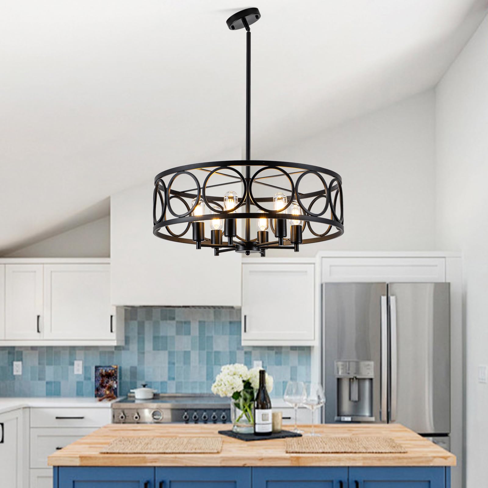 Black Farmhouse Chandelier - 6-Light Rustic Drum Dining Room Pendant Light - 23.6