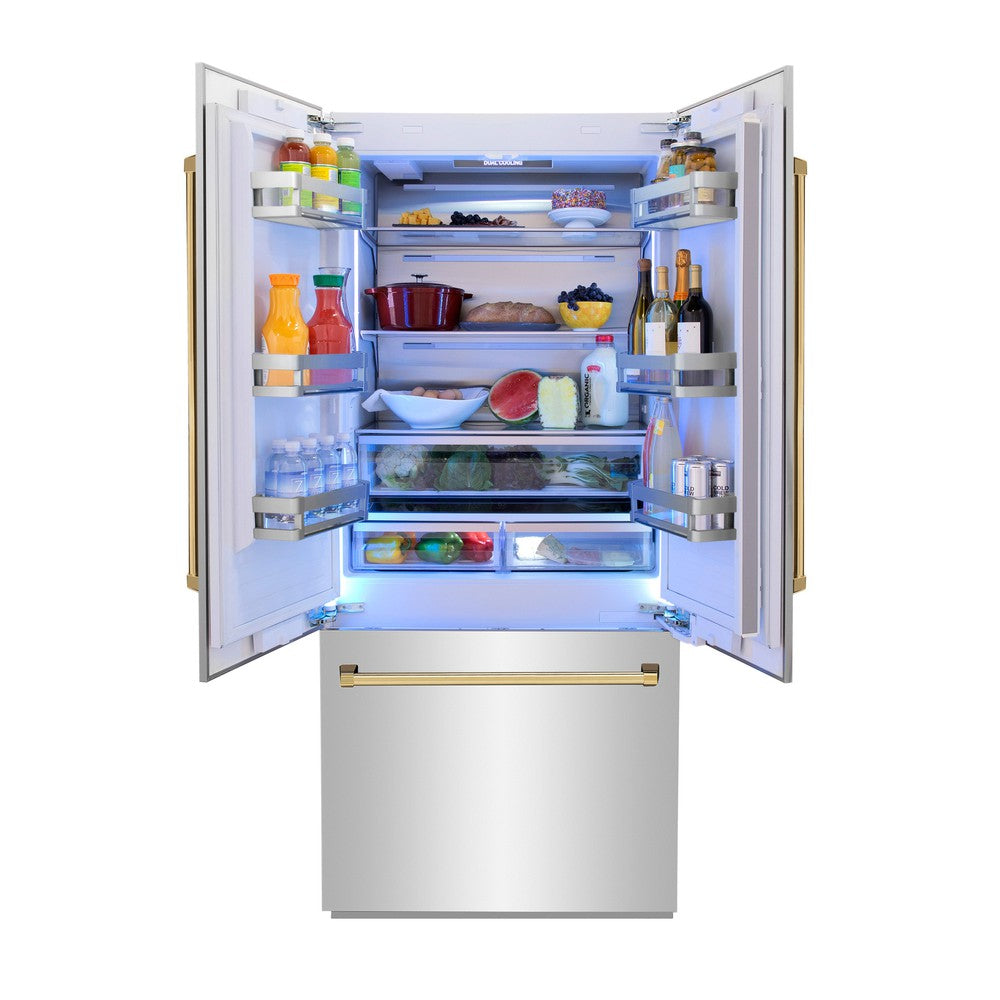 ZLINE Autograph Edition 36 Inch French Door Built-In Refrigerator with Bottom Freezer - 19.6 cu.ft Capacity, Stainless Steel with Polished Gold Accents, Water Dispenser & Ice Maker - Perfect for Modern Kitchens & Luxury Homes (RBIVZ 304 36 G)